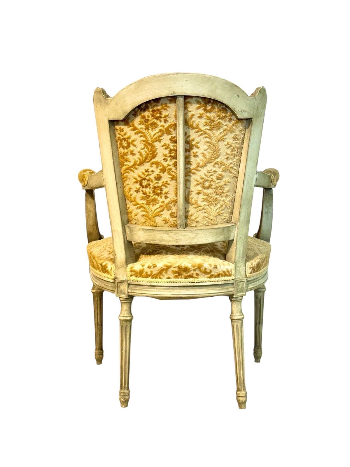 19th Century French Louis XVI Armchair, Patinated Lacquer And Damask photo for sale