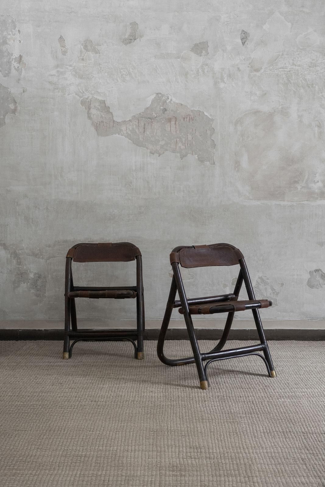 Bamboo And Leather Chairs Attributed To Tito Agnoli, 1970s, Set Of 4 photo for sale