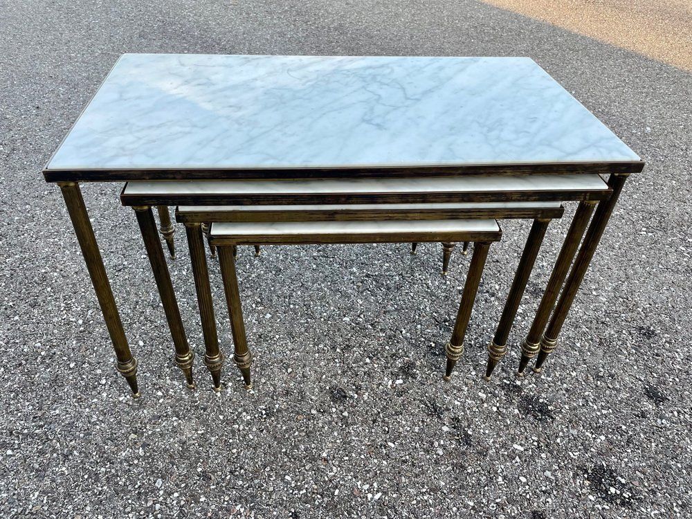 Mid Century Marble And Brass Stacking Tables, Set Of 4