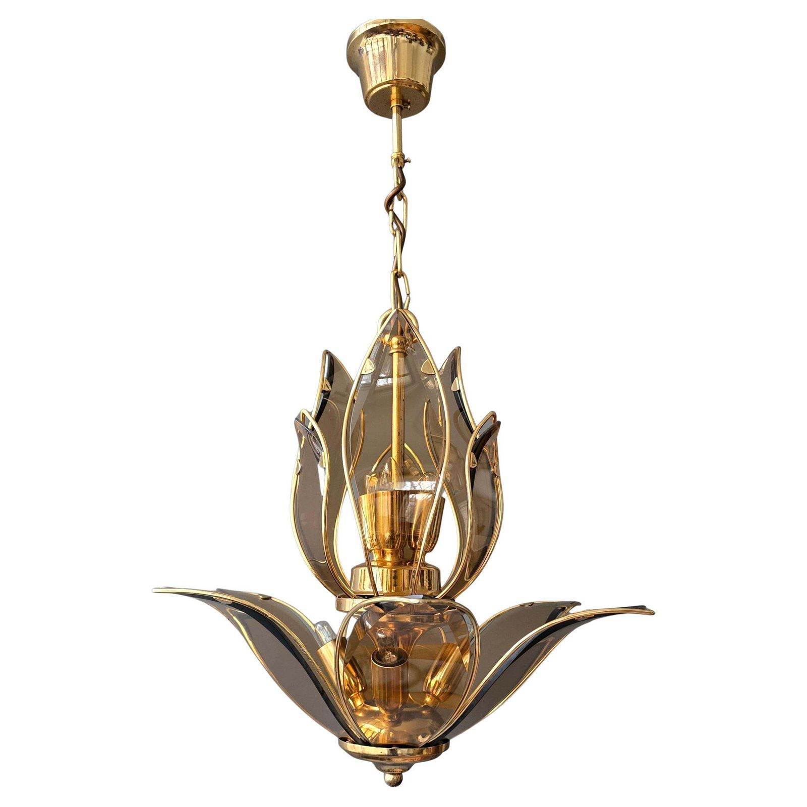 Italian Lotus Chandelier In Brass And Amber Murano Glass, Mid 20th Century