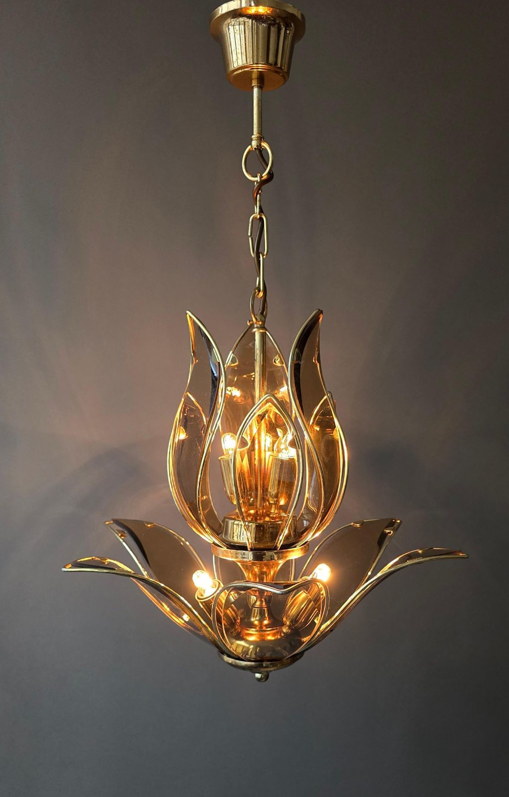 Italian Lotus Chandelier In Brass And Amber Murano Glass, Mid 20th Century photo Lighting