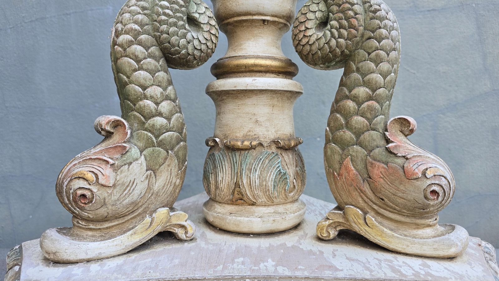 photo furniture Monumental Italian Carved Wood Floor Lamp With Dolphin Motif, Mid 20th Century