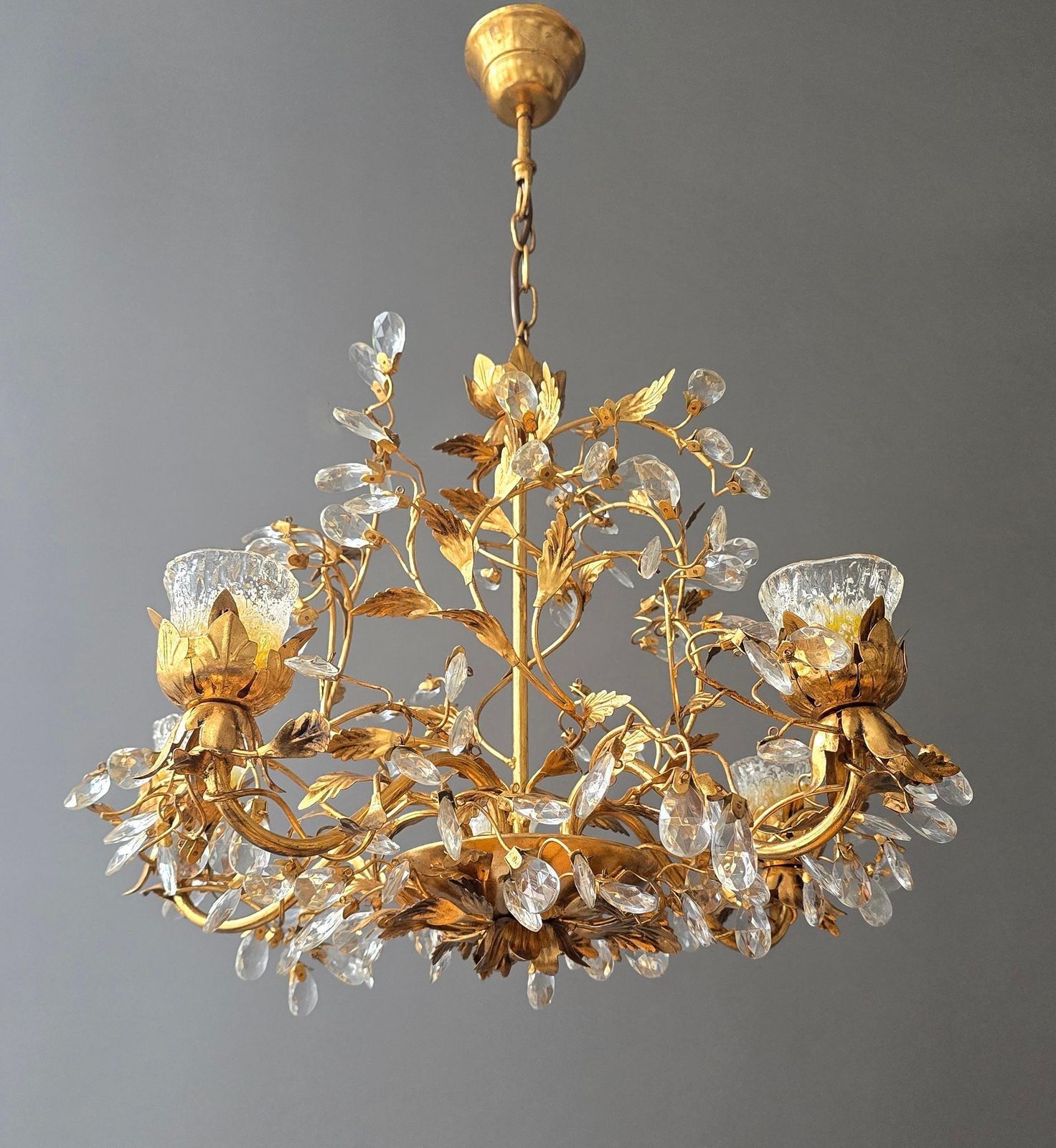 Rare Italian Floral Chandelier With Murano Glass Tulip Shades, Circa 1950s photo furniture
