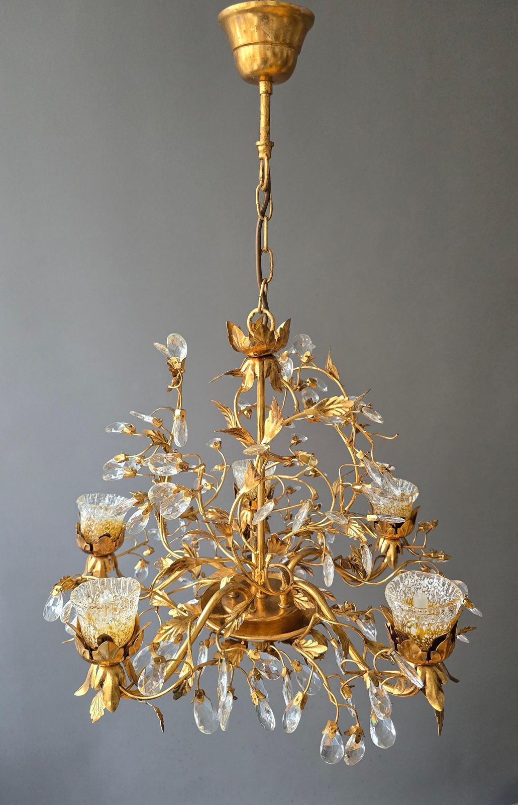 Rare Italian Floral Chandelier With Murano Glass Tulip Shades, Circa 1950s photo Lighting