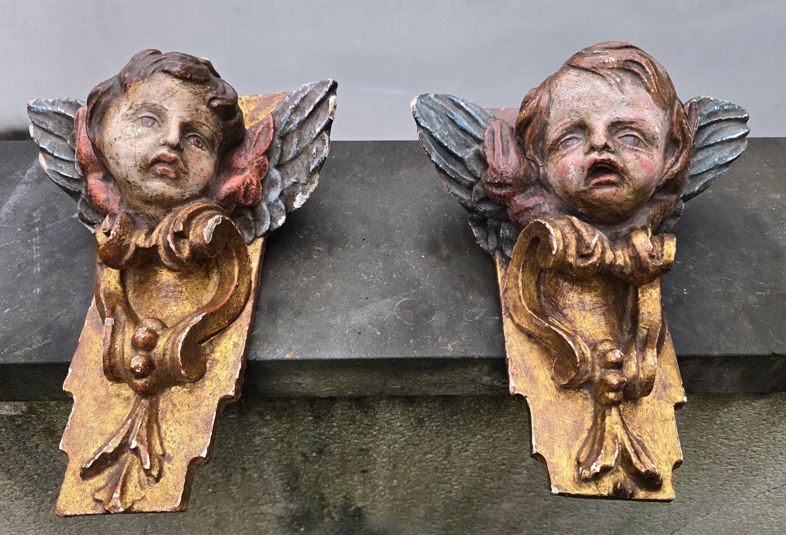Pair Of 18th Century Italian Baroque Cherub Corner Carvings, C. 1750–1780 photo Art