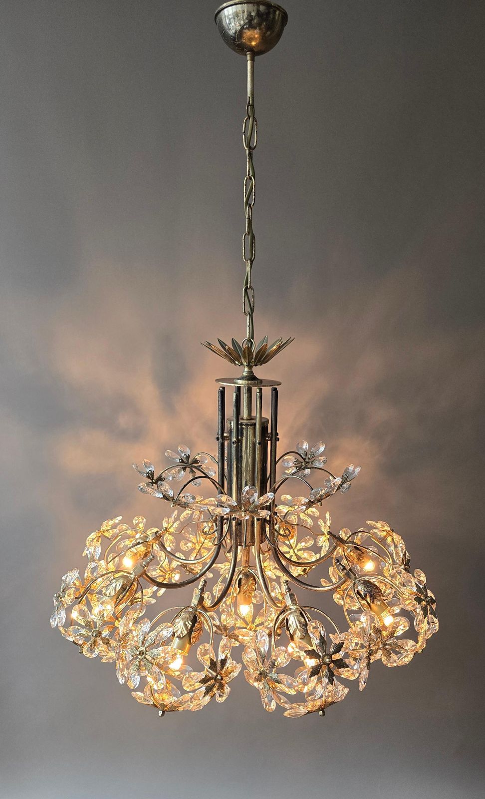 Mid Century Gilt Brass Floral Crystal Chandelier, Attributed To Palwa, Germany photo vinterior