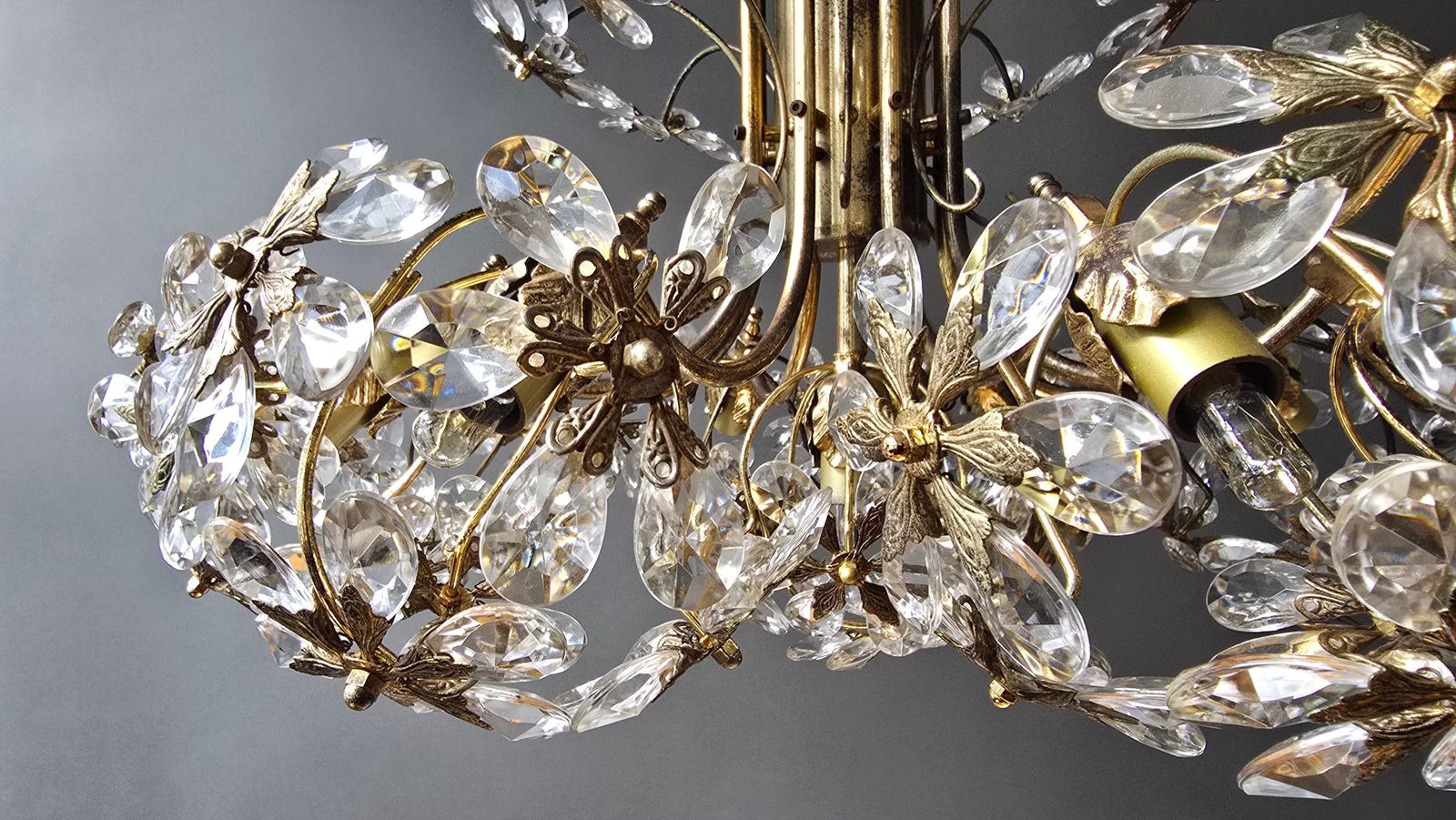 Lighting Mid Century Gilt Brass Floral Crystal Chandelier, Attributed To Palwa, Germany photo