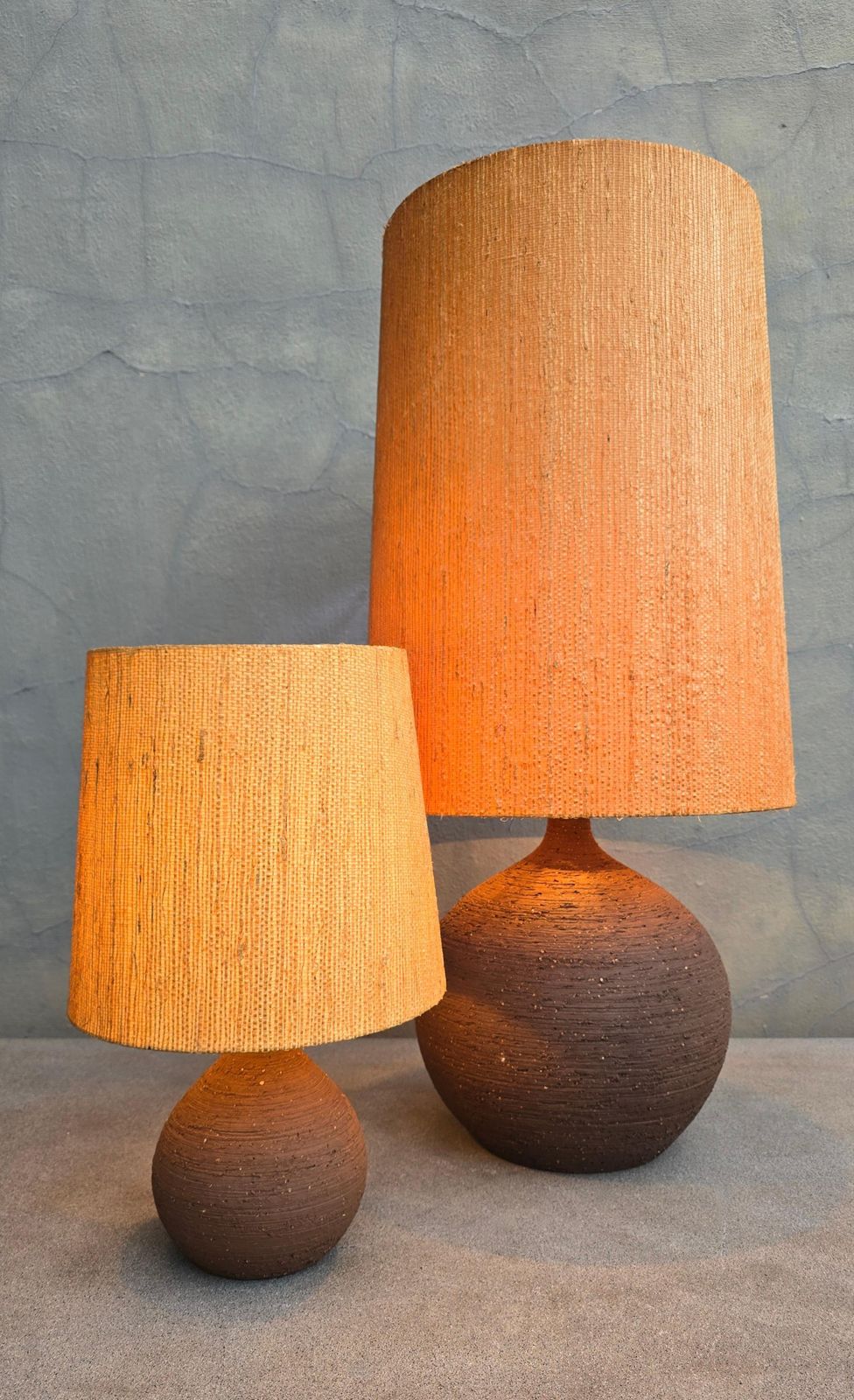 Pair Of Sculptural Studio Pottery Table Lamps, 1970s, Ceramic With Straw Shades photo furniture