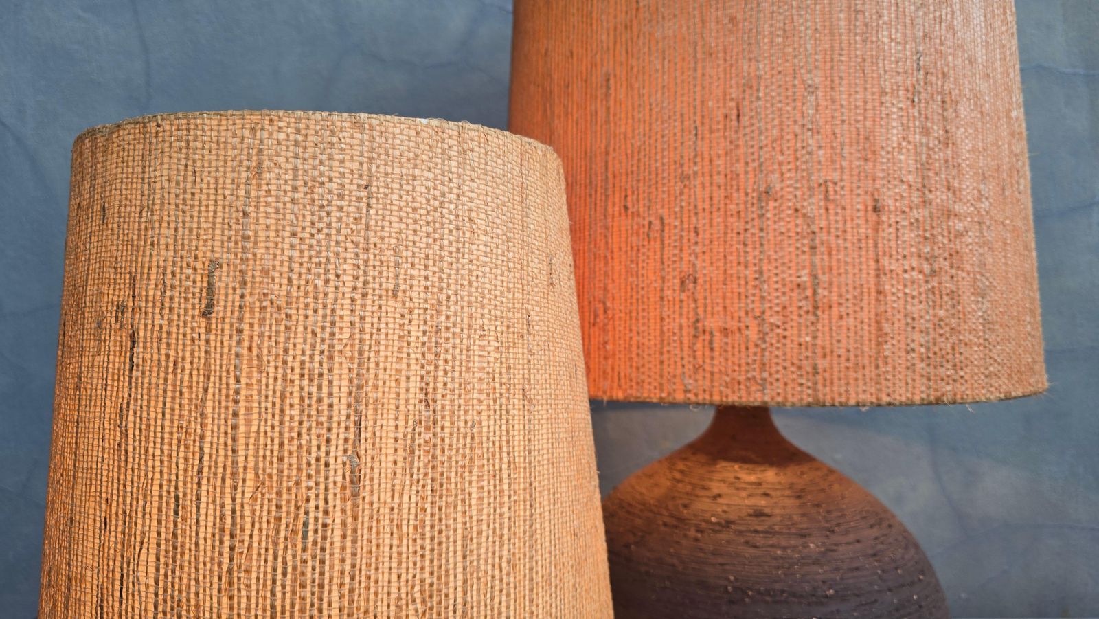 Pair Of Sculptural Studio Pottery Table Lamps, 1970s, Ceramic With Straw Shades photo vinterior