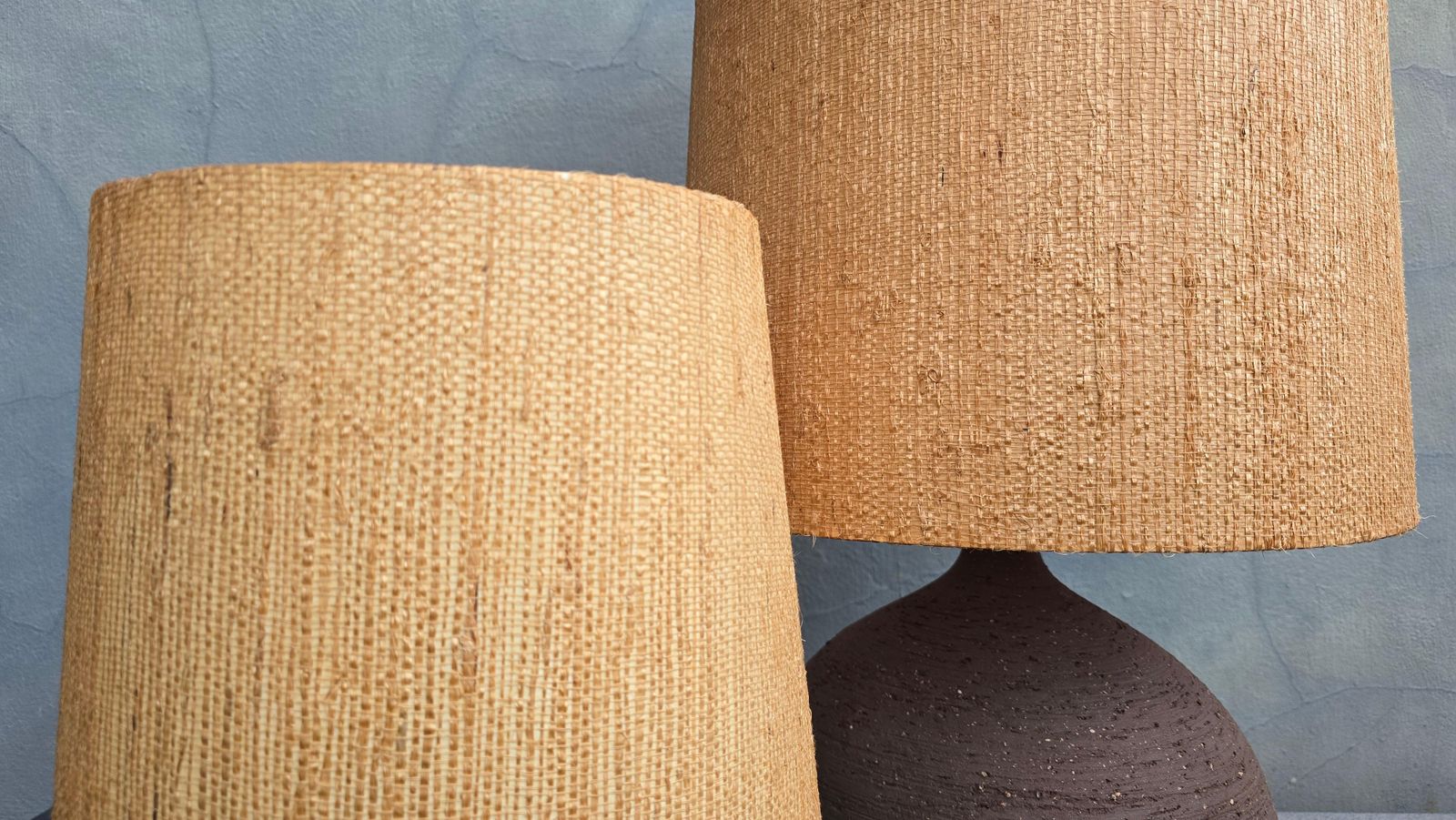 photo furniture Pair Of Sculptural Studio Pottery Table Lamps, 1970s, Ceramic With Straw Shades