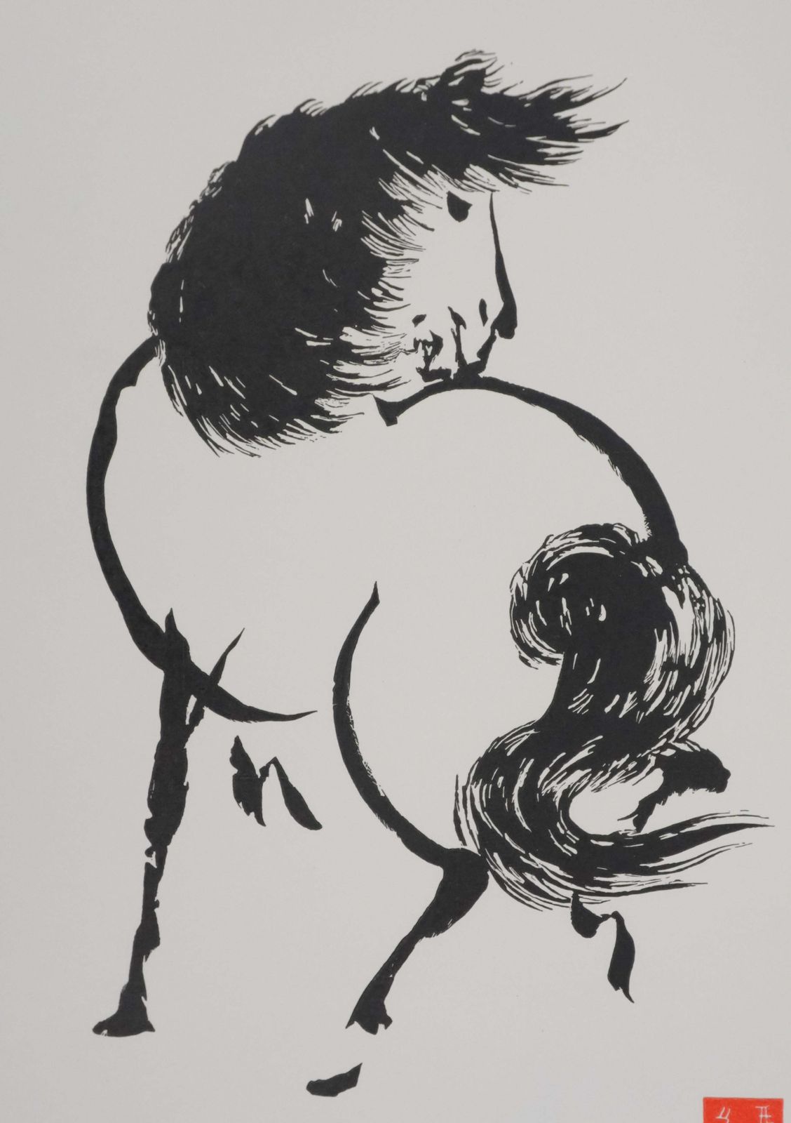 Japanese Print, Horse Turning Around   Signed Woodcut photo Art
