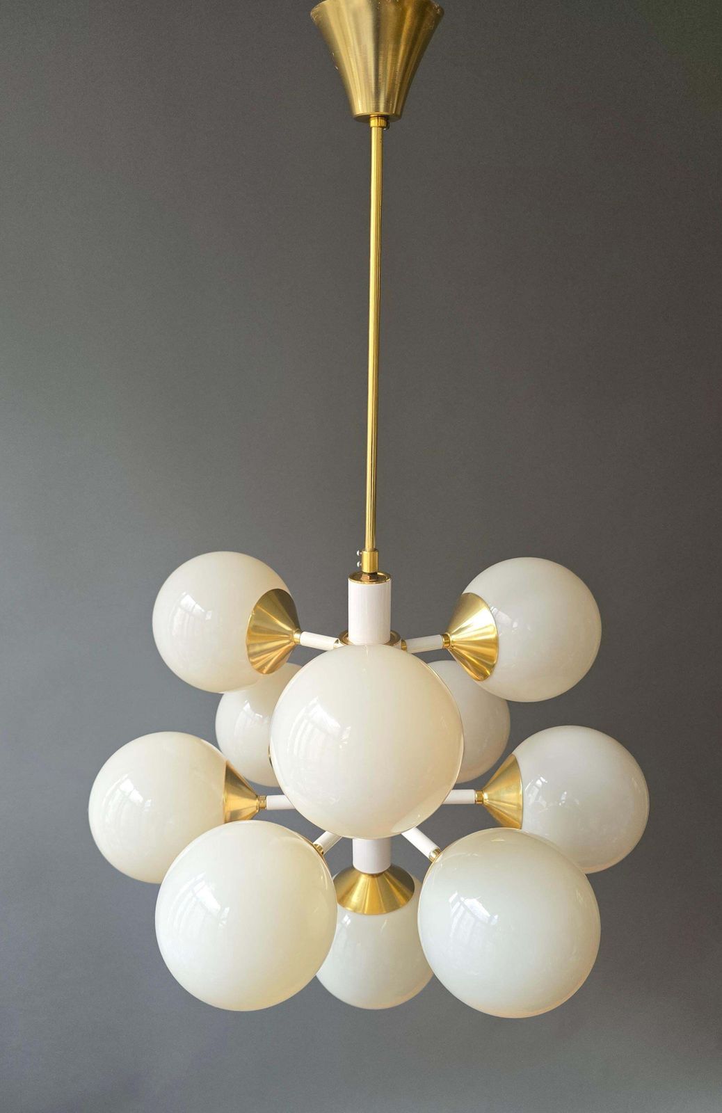Large Italian 12 Light Sputnik Chandelier In White And Brass, 1970s photo vinterior