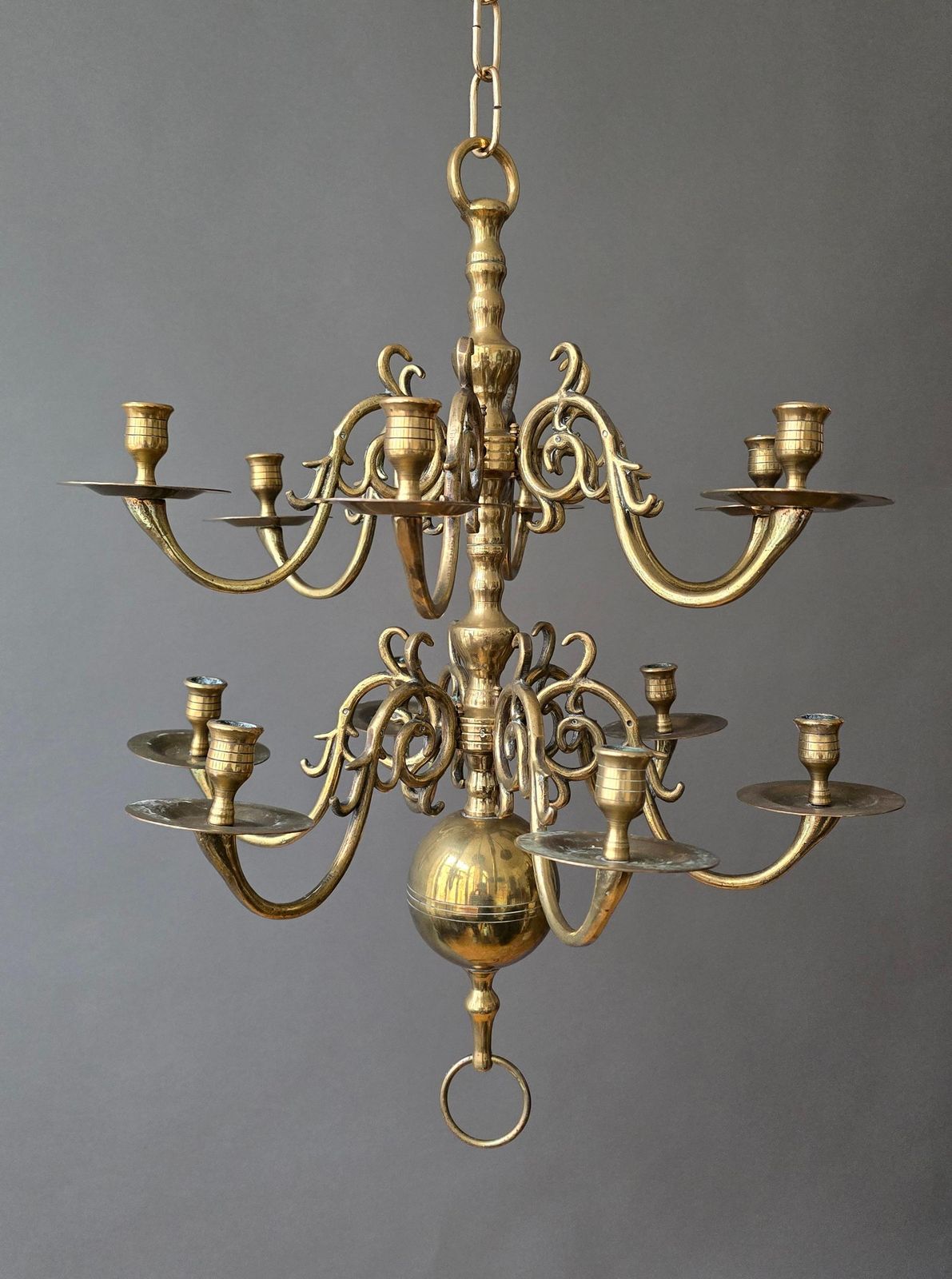 Dutch Baroque Revival 19th Century Solid Cast Brass Chandelier With 12 Candle photo for sale