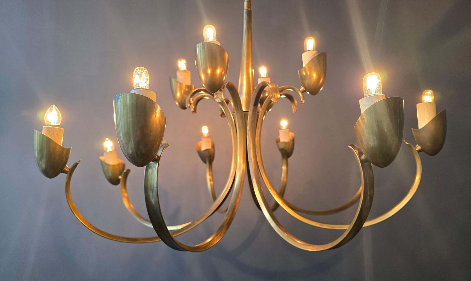 Large Italian Brass Chandelier With 12 Arms, 1950s photo for sale