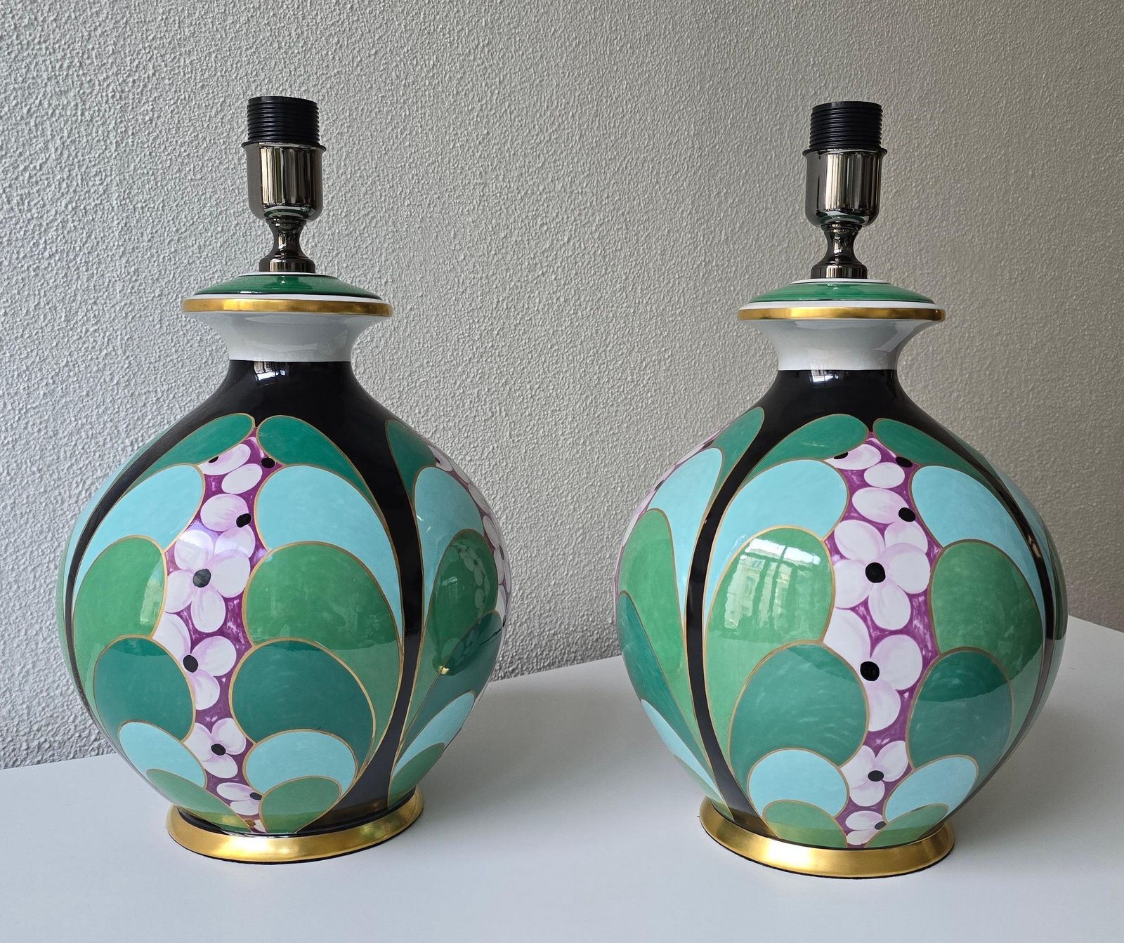Pair Of Hand Painted Italian Porcelain Table Lamps By Le Porcellane, Florence photo vintage
