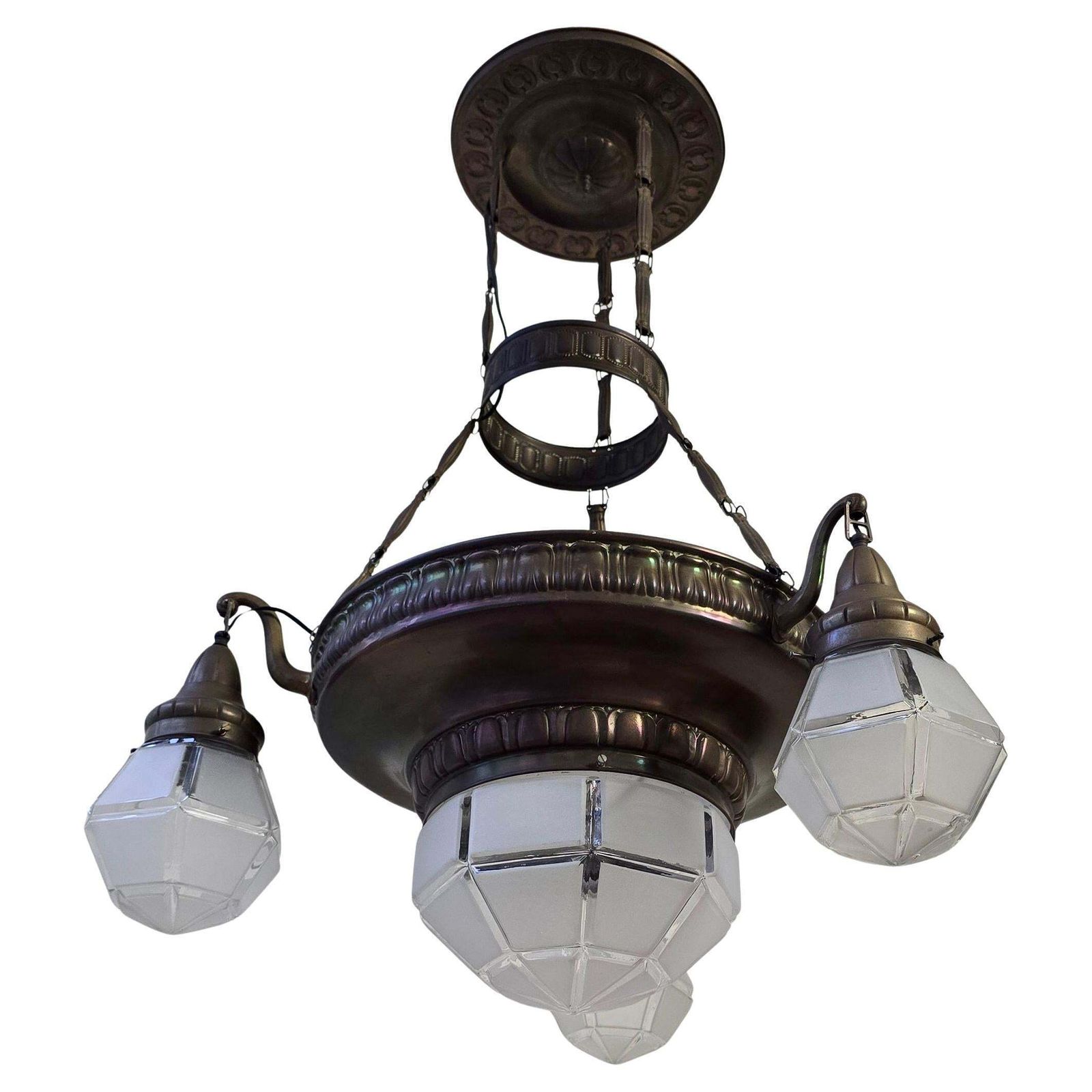 Large French Art Deco Brass Chandelier With Frosted Geometric Glass Shades photo for sale
