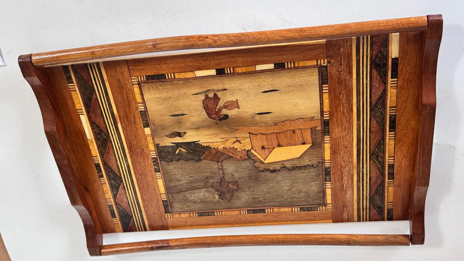 950s French Wooden Marquetry Tray – Traditional Craftwork With Winter Scene photo Home Decor