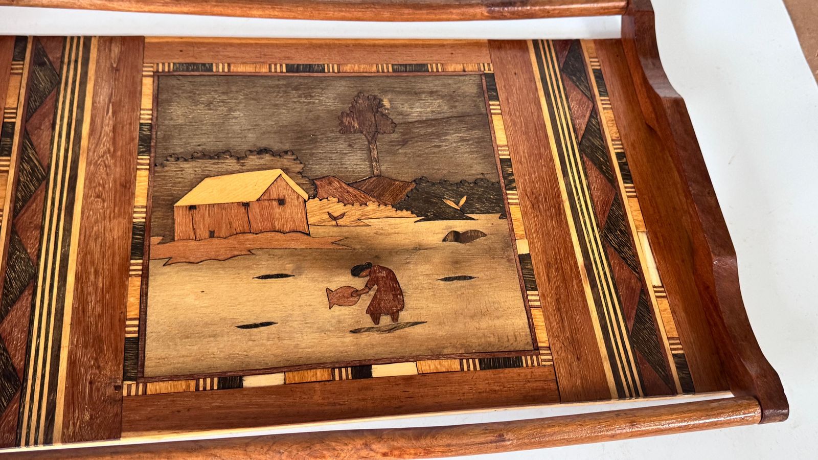 950s French Wooden Marquetry Tray – Traditional Craftwork With Winter Scene photo vinterior
