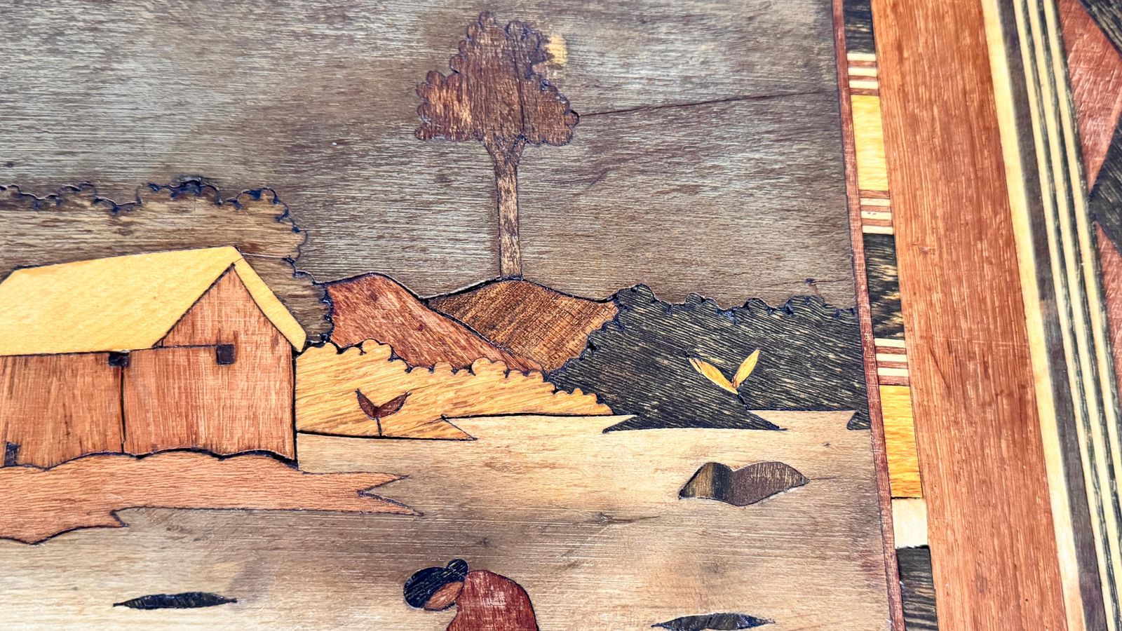 478.0 950s French Wooden Marquetry Tray – Traditional Craftwork With Winter Scene photo