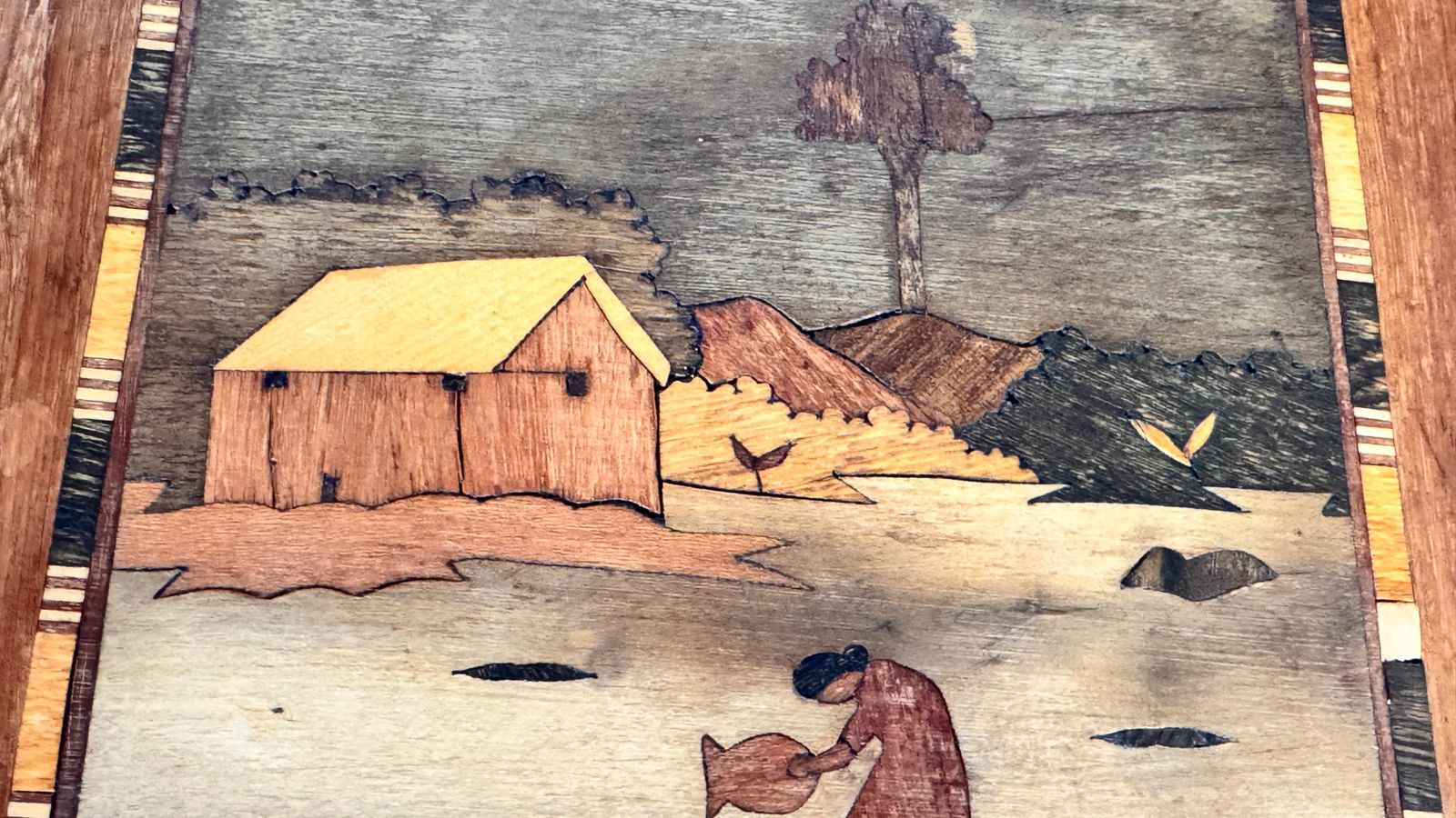 photo vinterior 950s French Wooden Marquetry Tray – Traditional Craftwork With Winter Scene