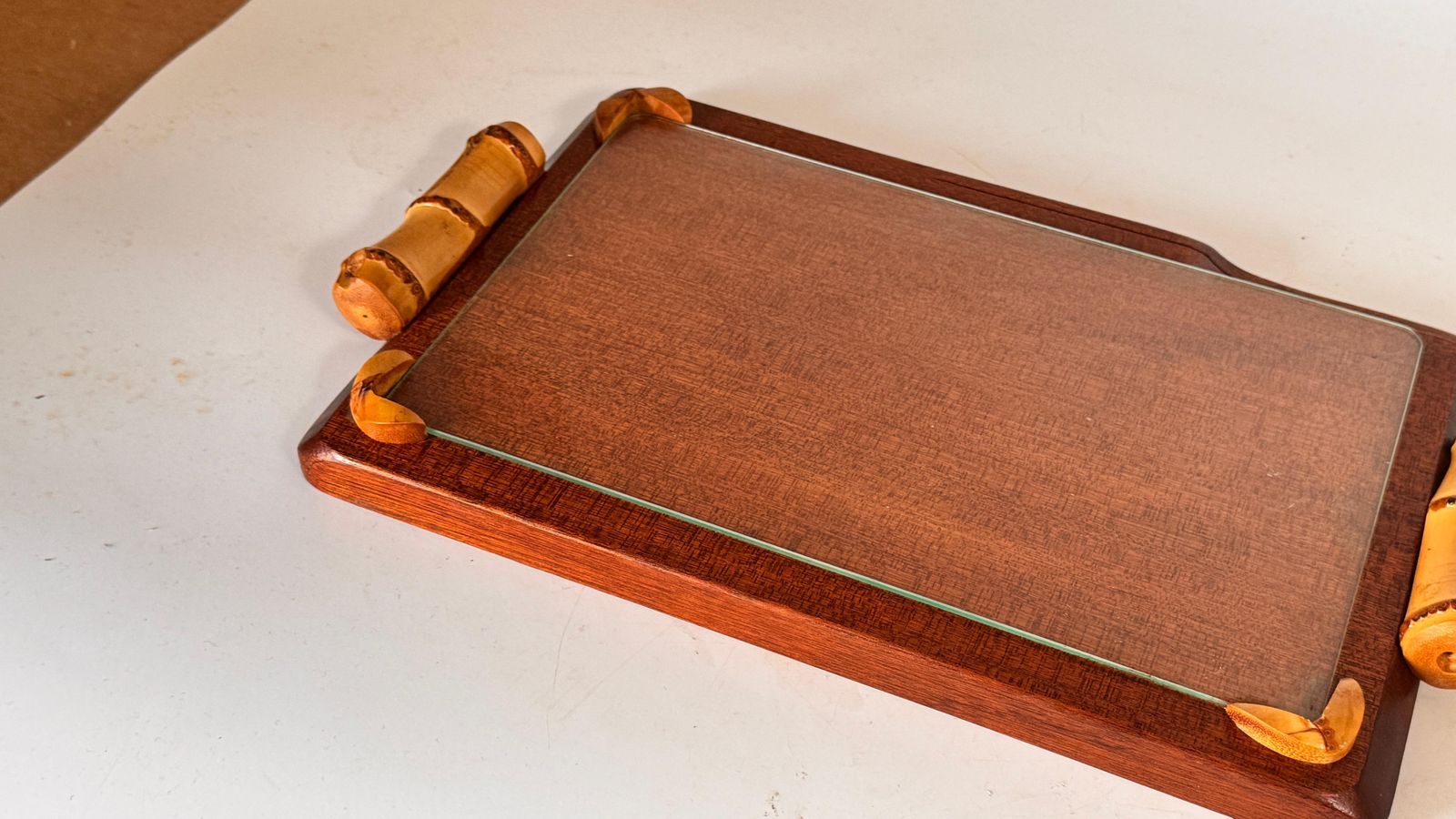 1970s French Wooden Cheese Tray With Glass Plate & Knife Slot photo Home Decor