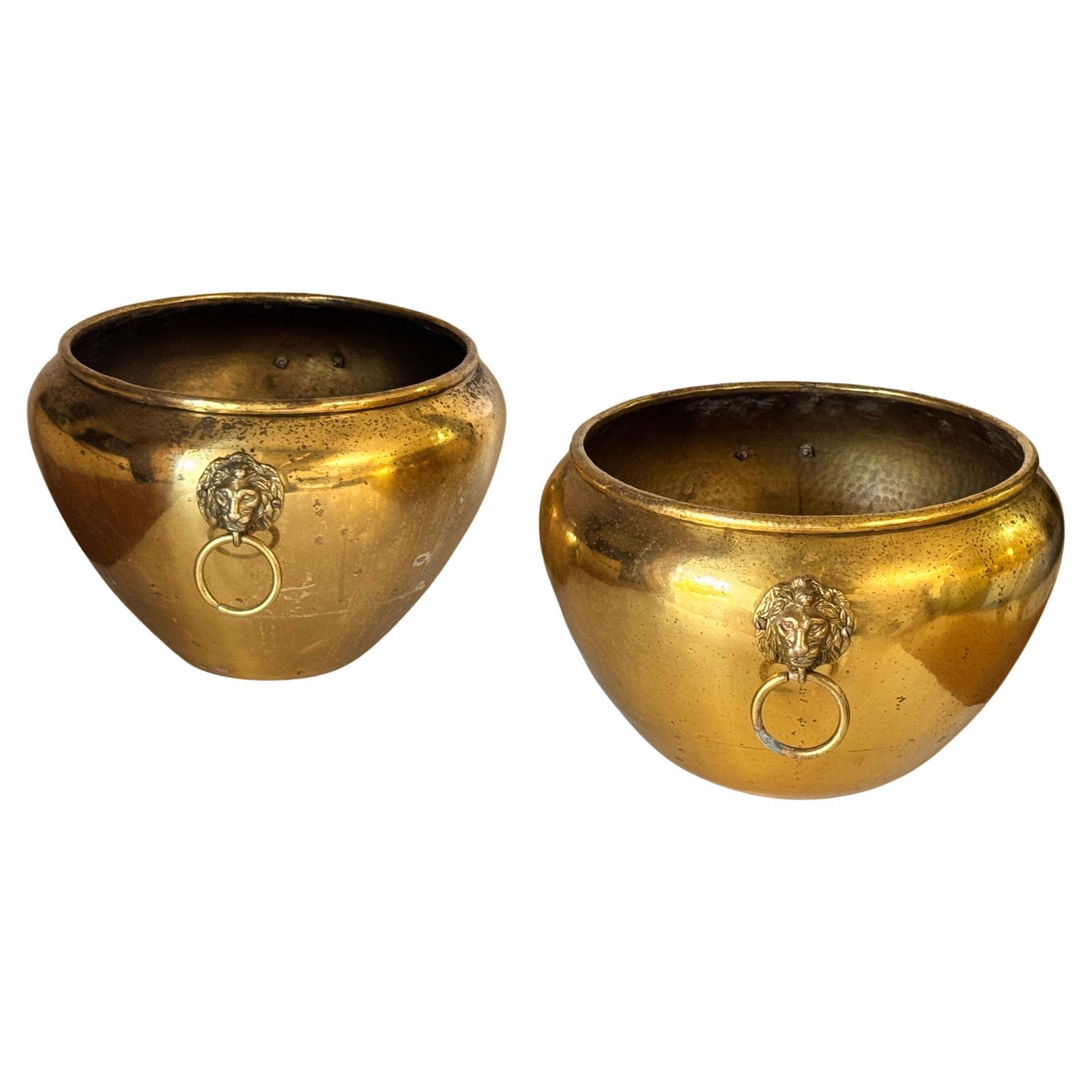 Pair Of 1950s French Brass Cache Pots – Lion Head Ornaments & Ring Handles