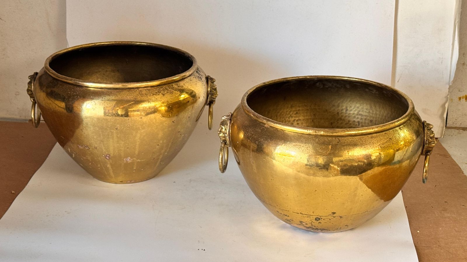 Pair Of 1950s French Brass Cache Pots – Lion Head Ornaments & Ring Handles photo for sale