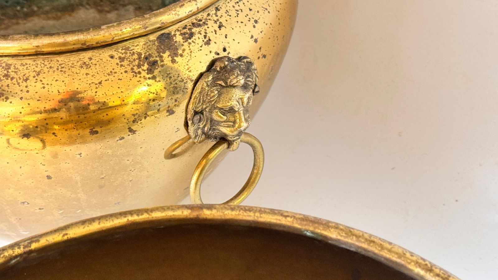 Pair Of 1950s French Brass Cache Pots – Lion Head Ornaments & Ring Handles photo Home Decor