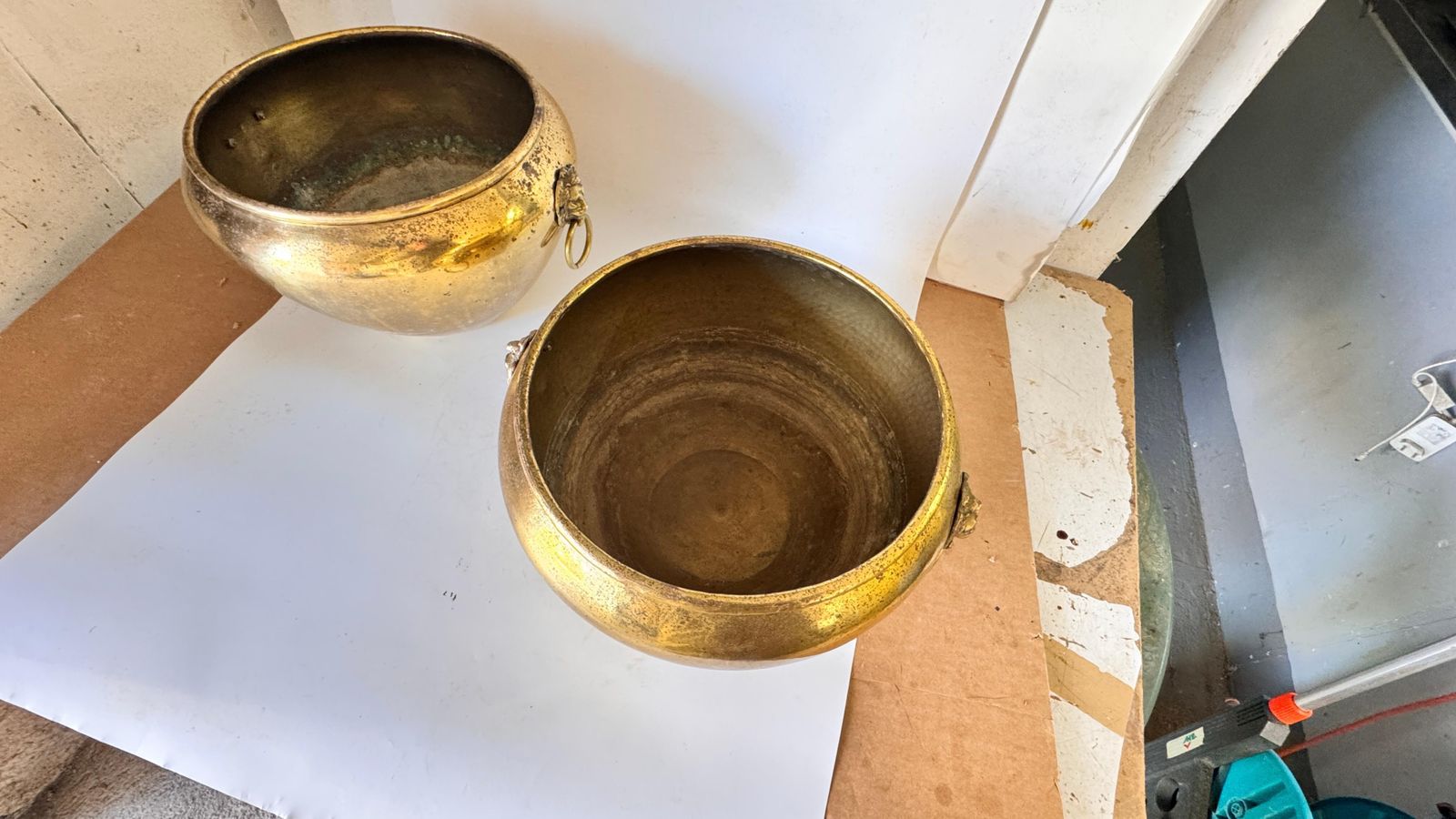 Pair Of 1950s French Brass Cache Pots – Lion Head Ornaments & Ring Handles photo buy