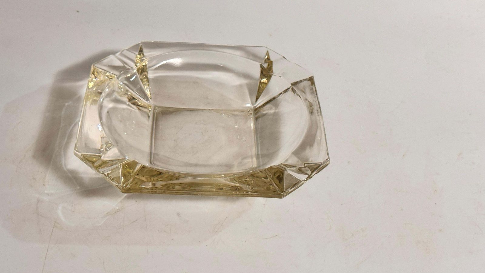 Large 1970s French Faceted Glass Ashtray – Transparent With Yellow Reflections photo for sale
