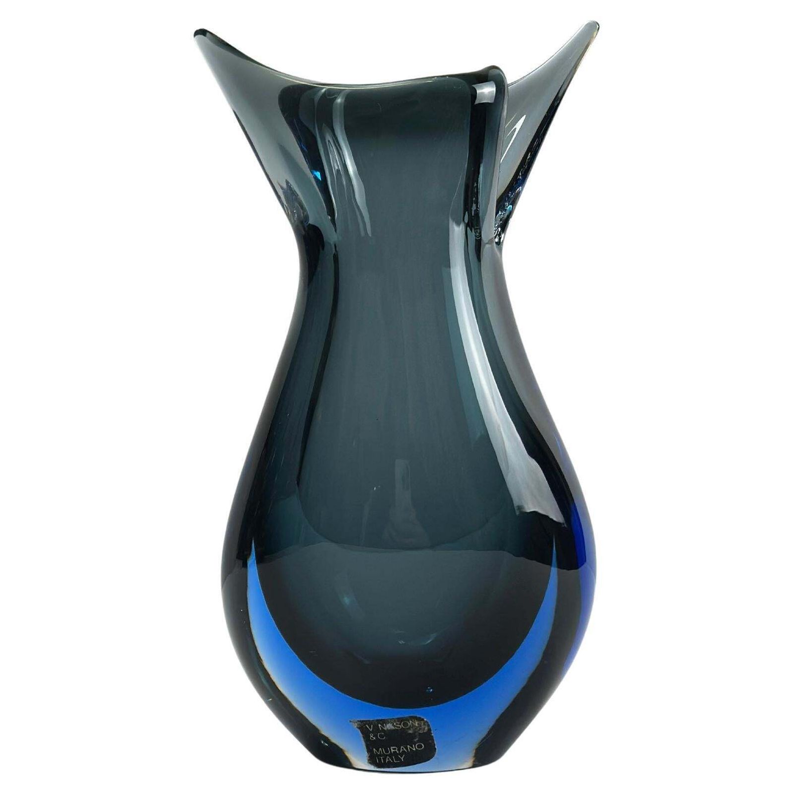 1980s V. Nason & Cie Blue And Smoked Grey Sommerso Murano Glass Vase