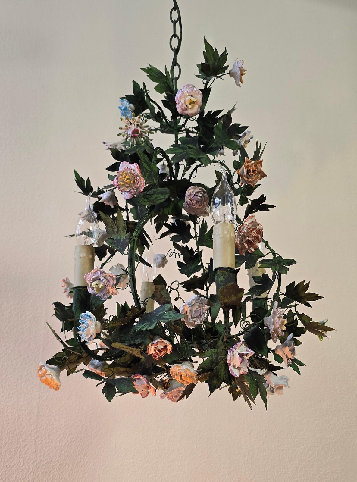 Italian Tole And Porcelain Flower Chandelier, Capodimonte Style photo Lighting