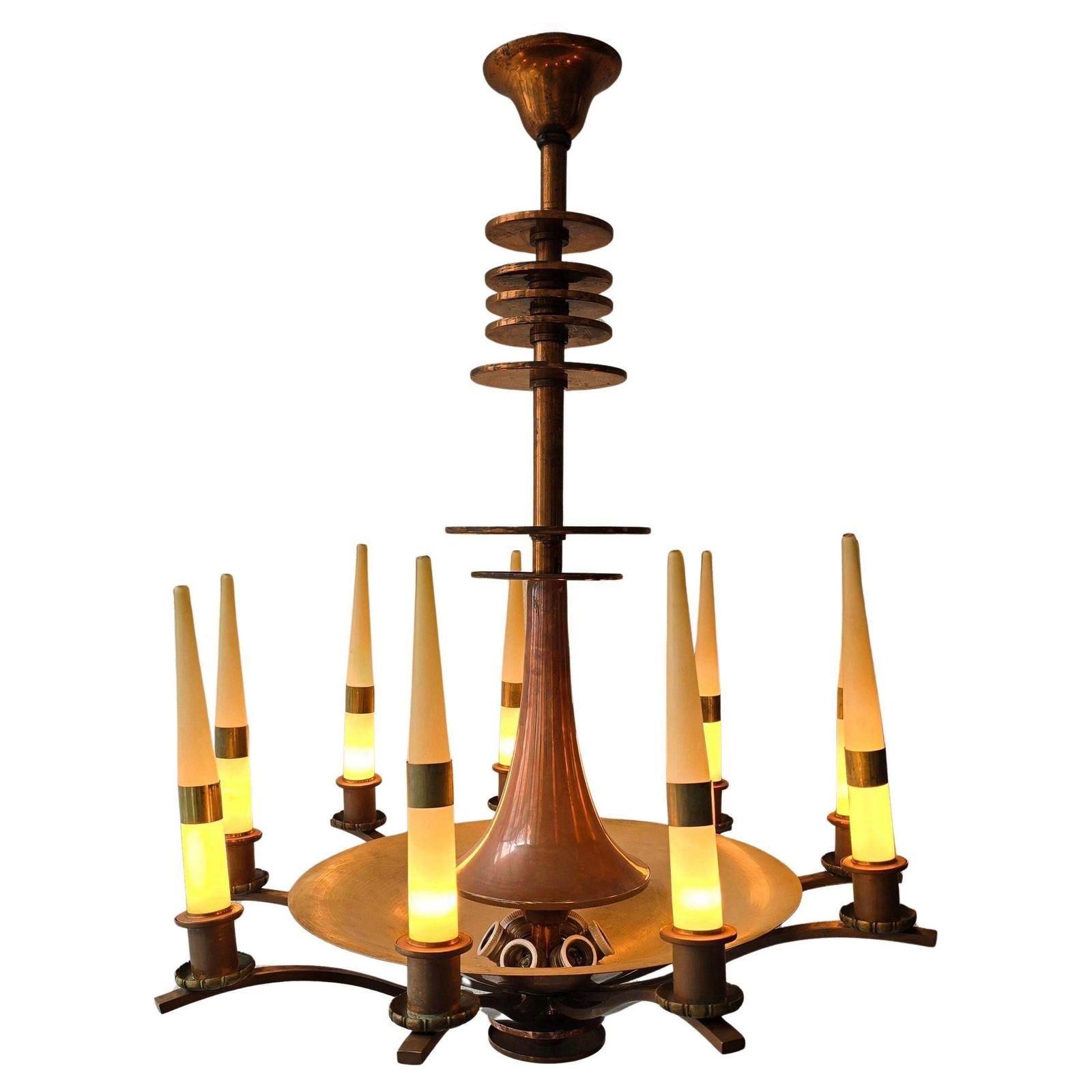 Spectacular Italian Art Deco Copper Chandelier With Eight Opaline Glass Candles photo for sale