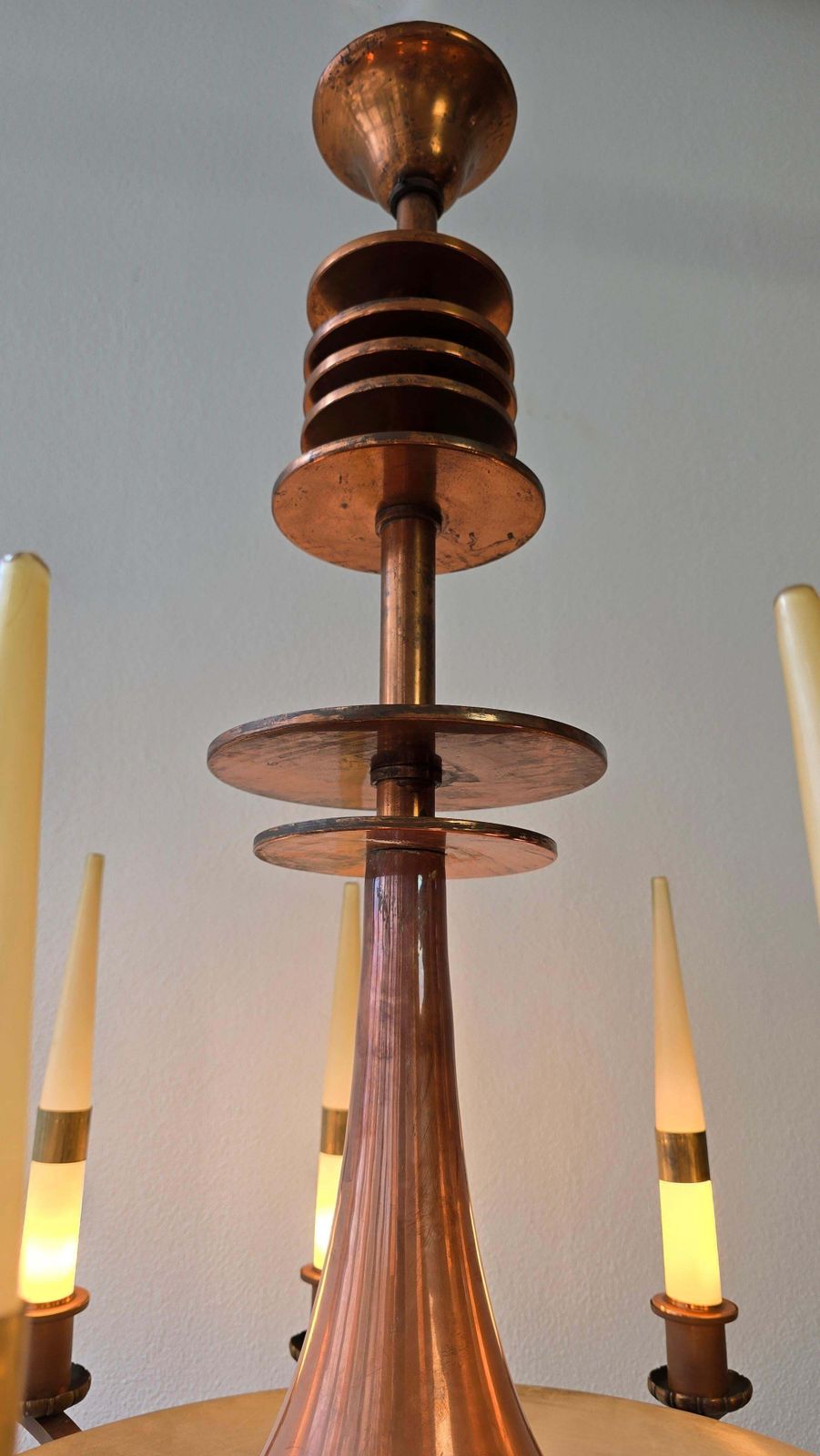 Spectacular Italian Art Deco Copper Chandelier With Eight Opaline Glass Candles photo vinterior