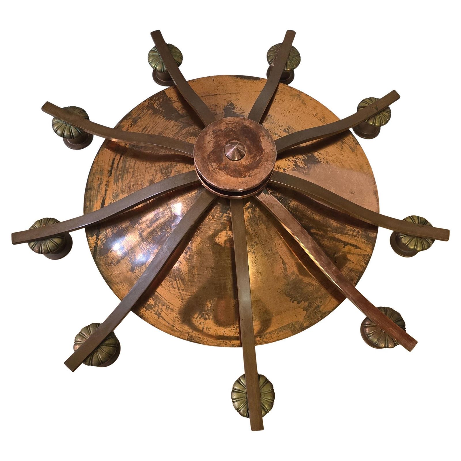 Spectacular Italian Art Deco Copper Chandelier With Eight Opaline Glass Candles photo buy