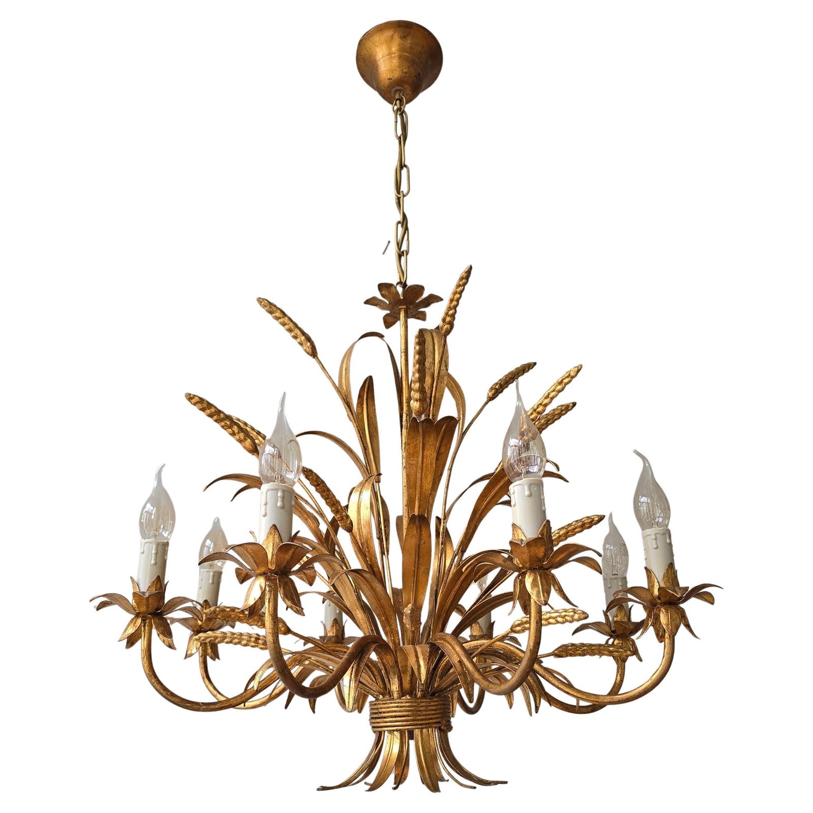 Large Italian Gilt Tole Wheat Sheaf Chandelier, Circa 1970s photo furniture