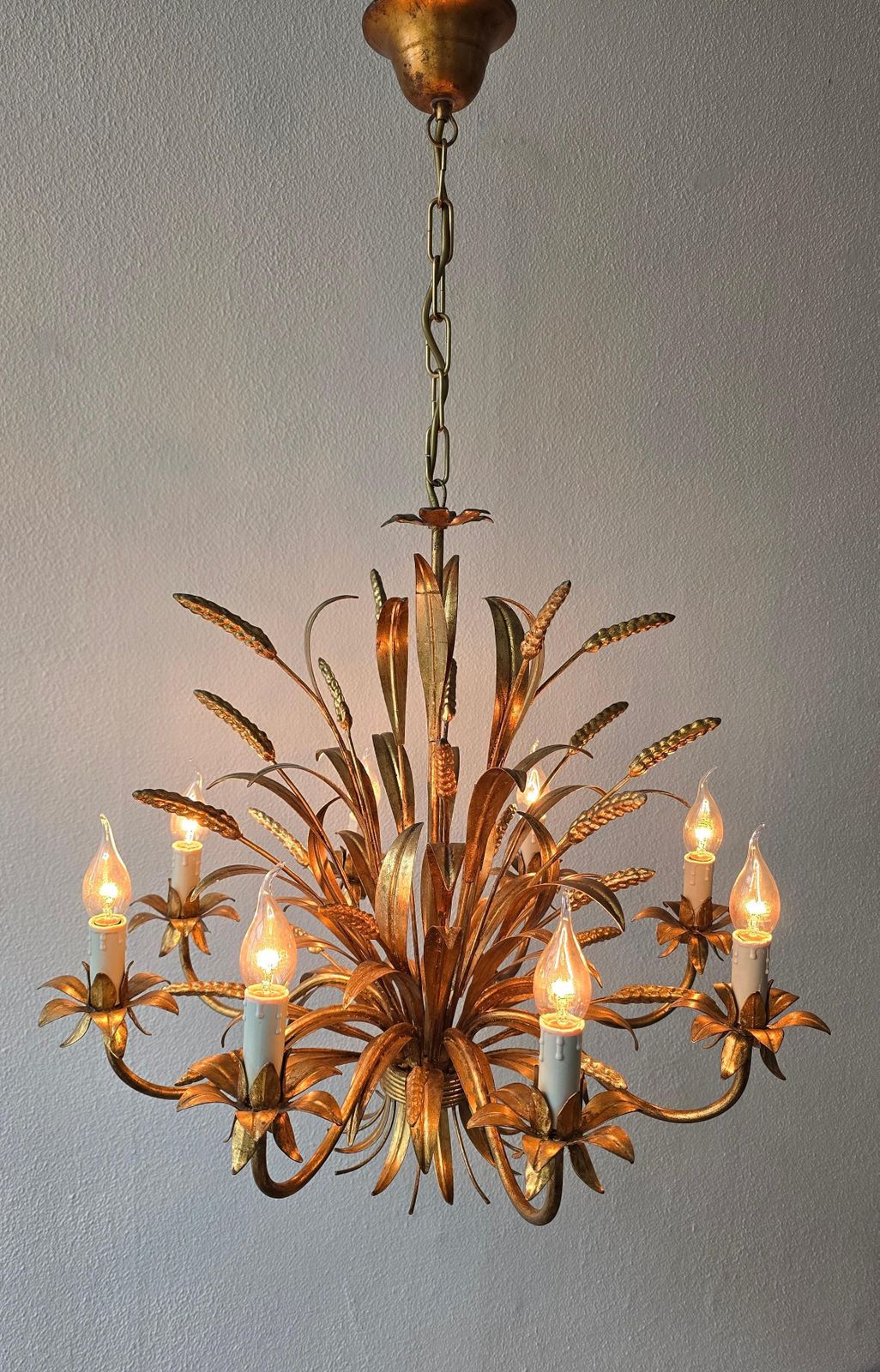 Large Italian Gilt Tole Wheat Sheaf Chandelier, Circa 1970s photo for sale