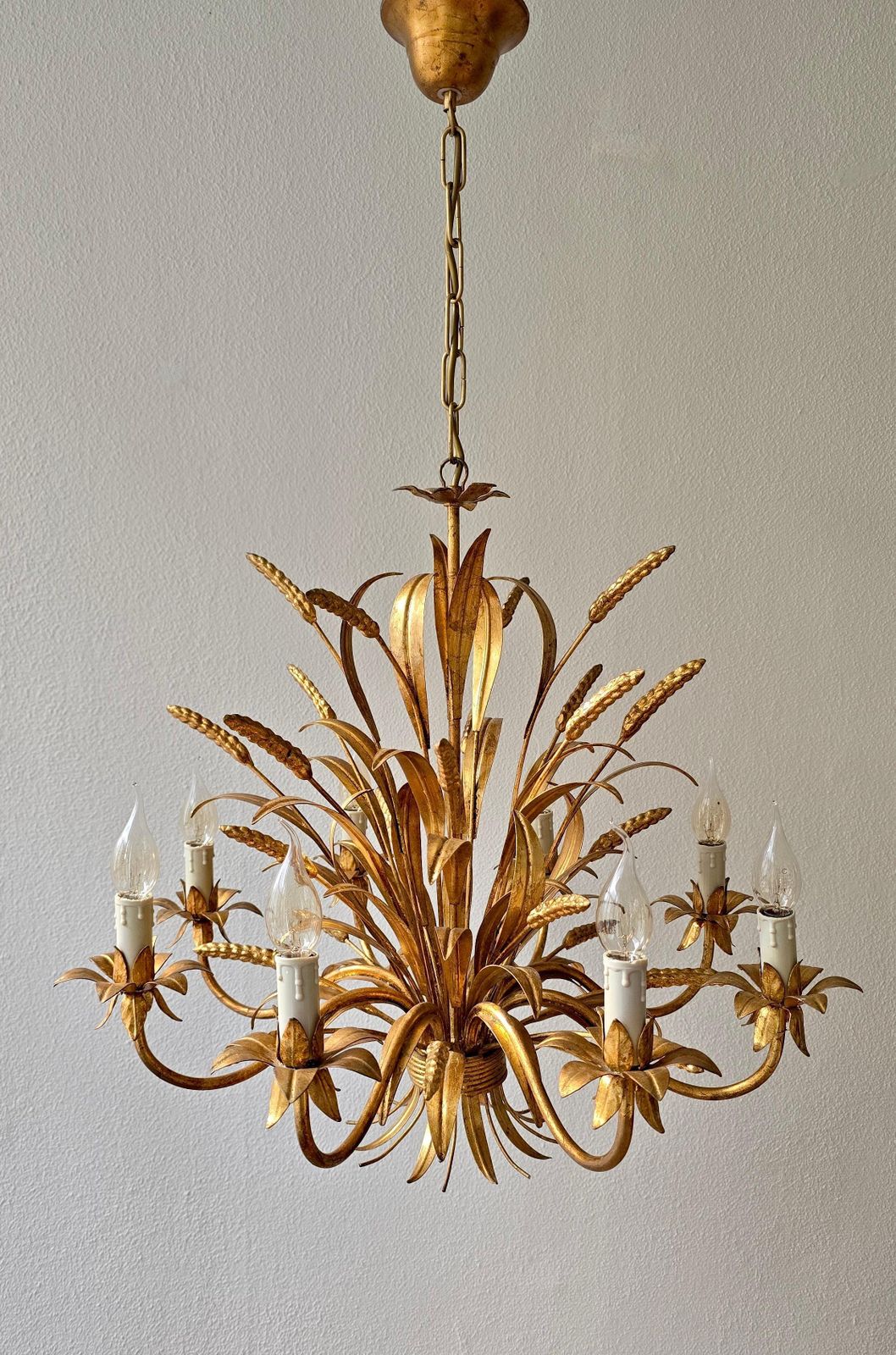 Large Italian Gilt Tole Wheat Sheaf Chandelier, Circa 1970s photo Lighting