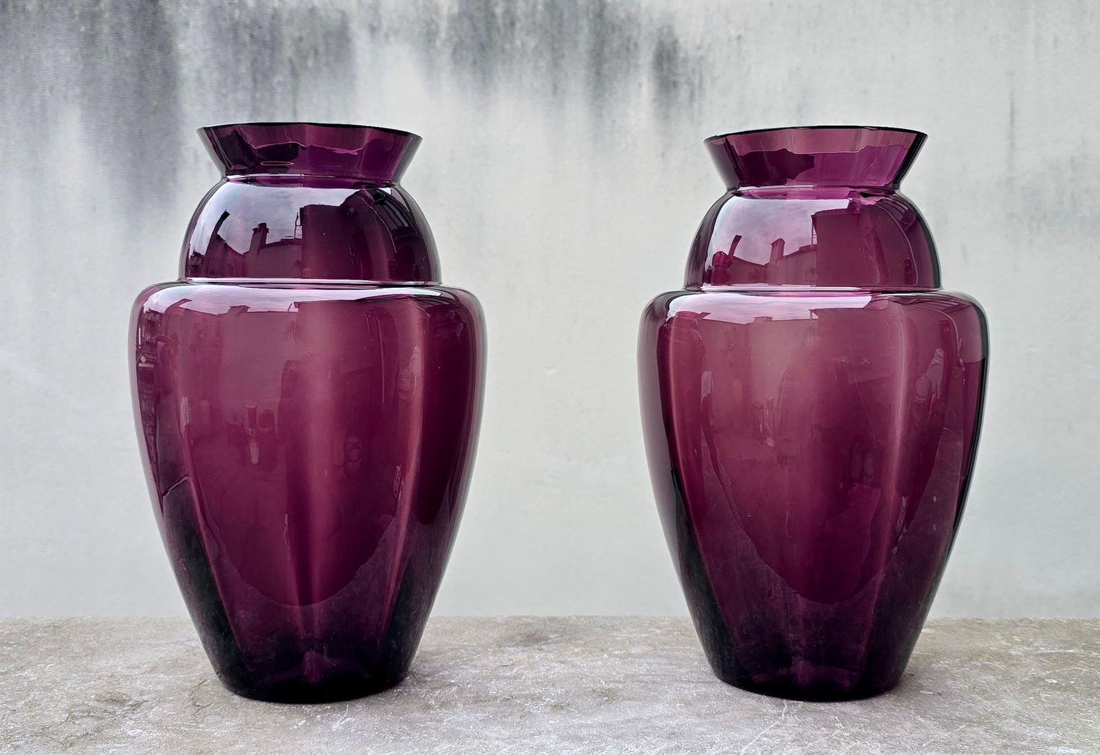 Elegant Pair Of Deep Amethyst Murano Glass Vases, Hand Blown In Italy, 1970s photo furniture