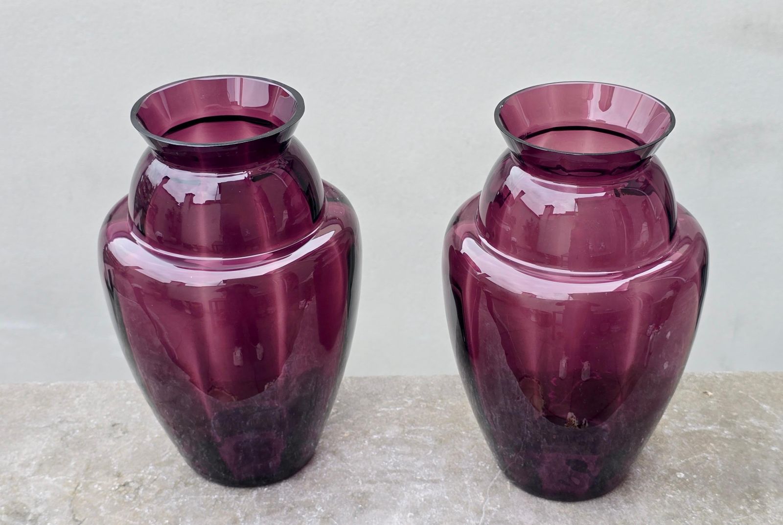 Elegant Pair Of Deep Amethyst Murano Glass Vases, Hand Blown In Italy, 1970s photo vinterior
