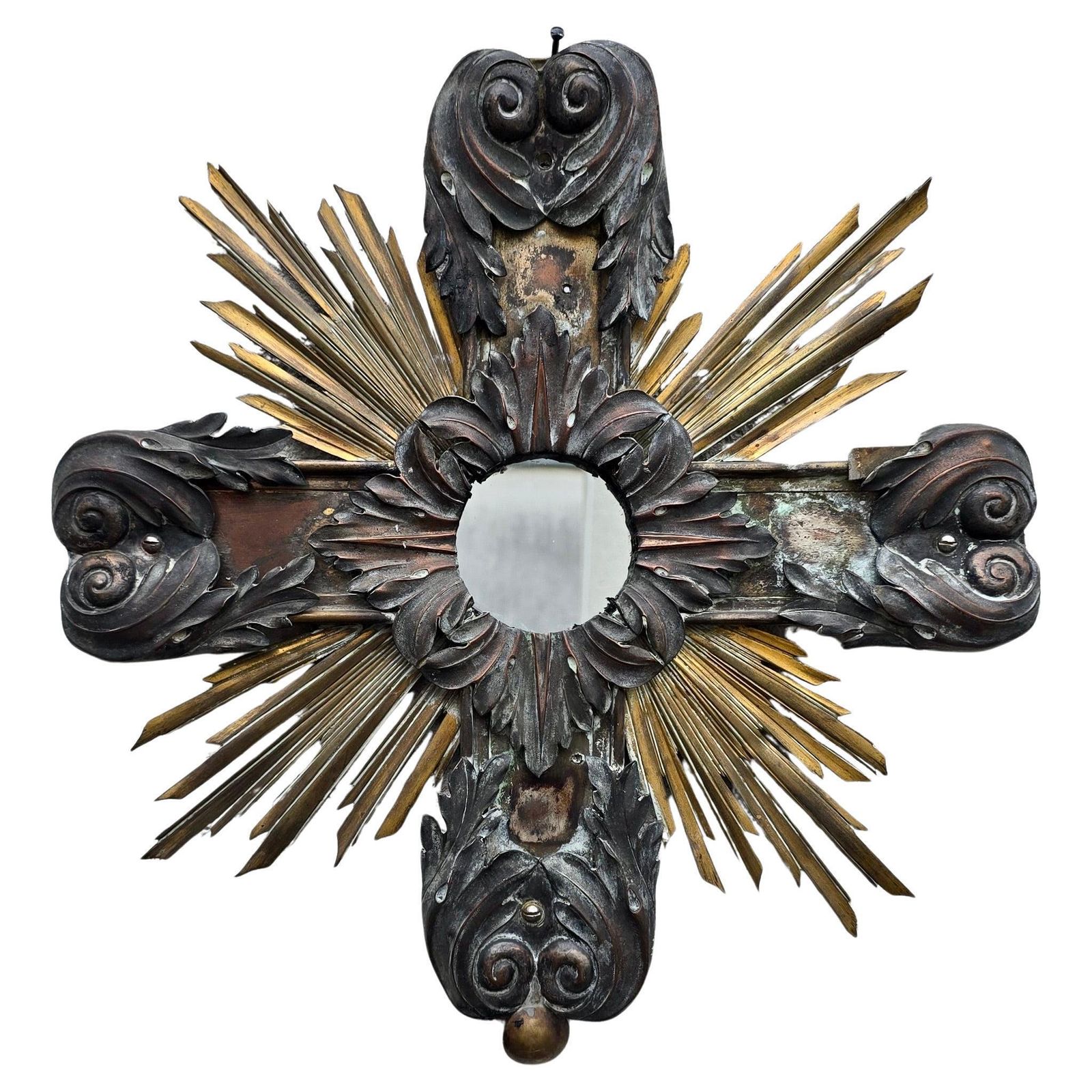 19th Century French Gilded And Patinated Metal Cross Mirror With Sunburst Rays photo furniture