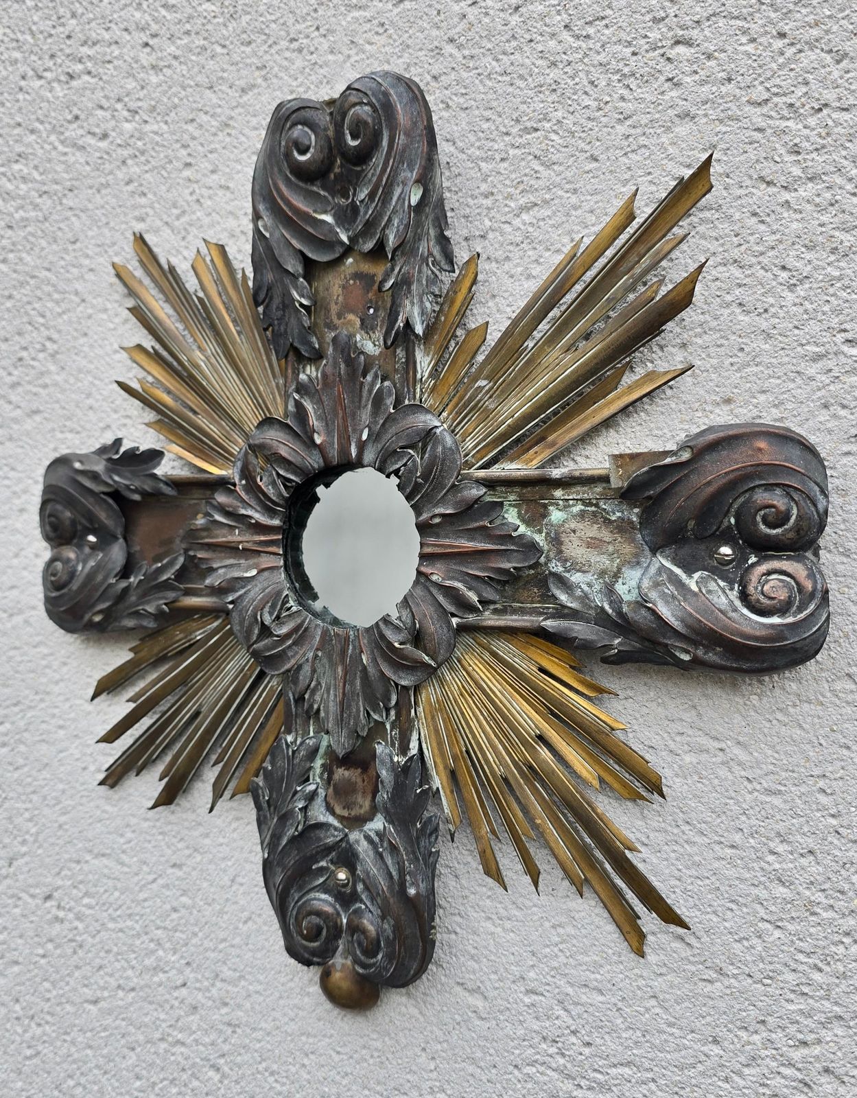 19th Century French Gilded And Patinated Metal Cross Mirror With Sunburst Rays photo 1668.0