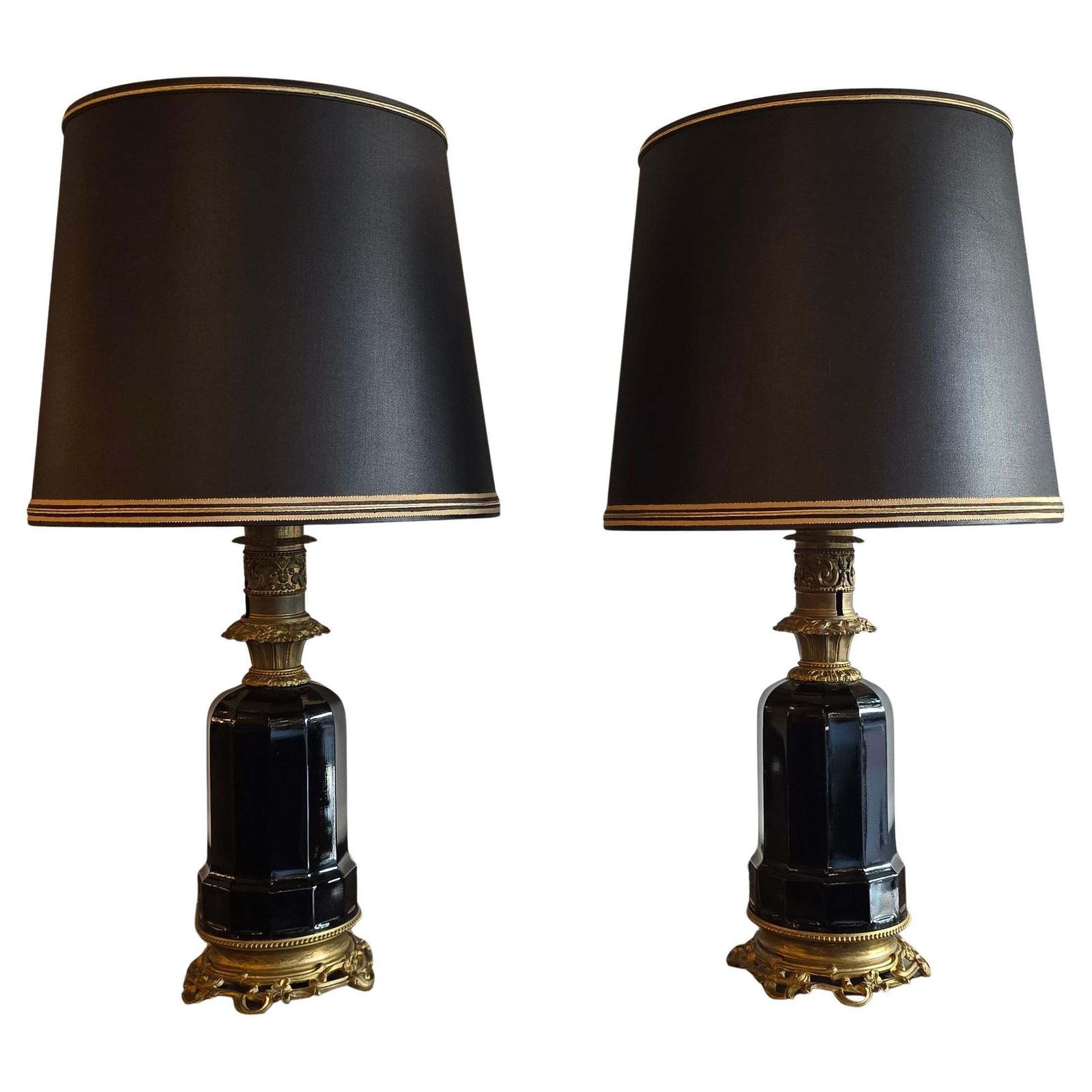 Pair Of French Black Opaline And Gilt Bronze Table Lamps, Circa 1870