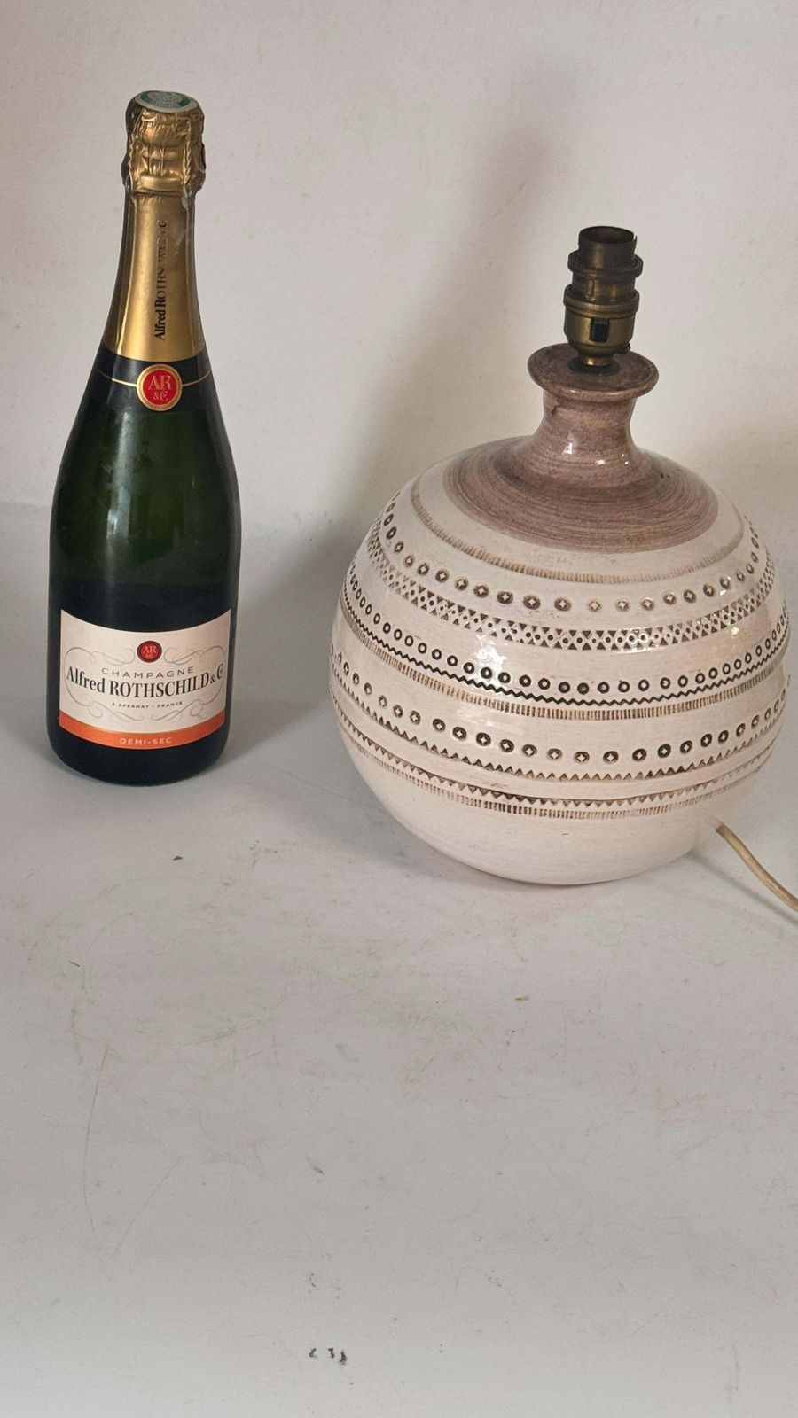 1970s French Ceramic Table Lamp – Beige Geometric Relief Design, Jean Besnard photo for sale