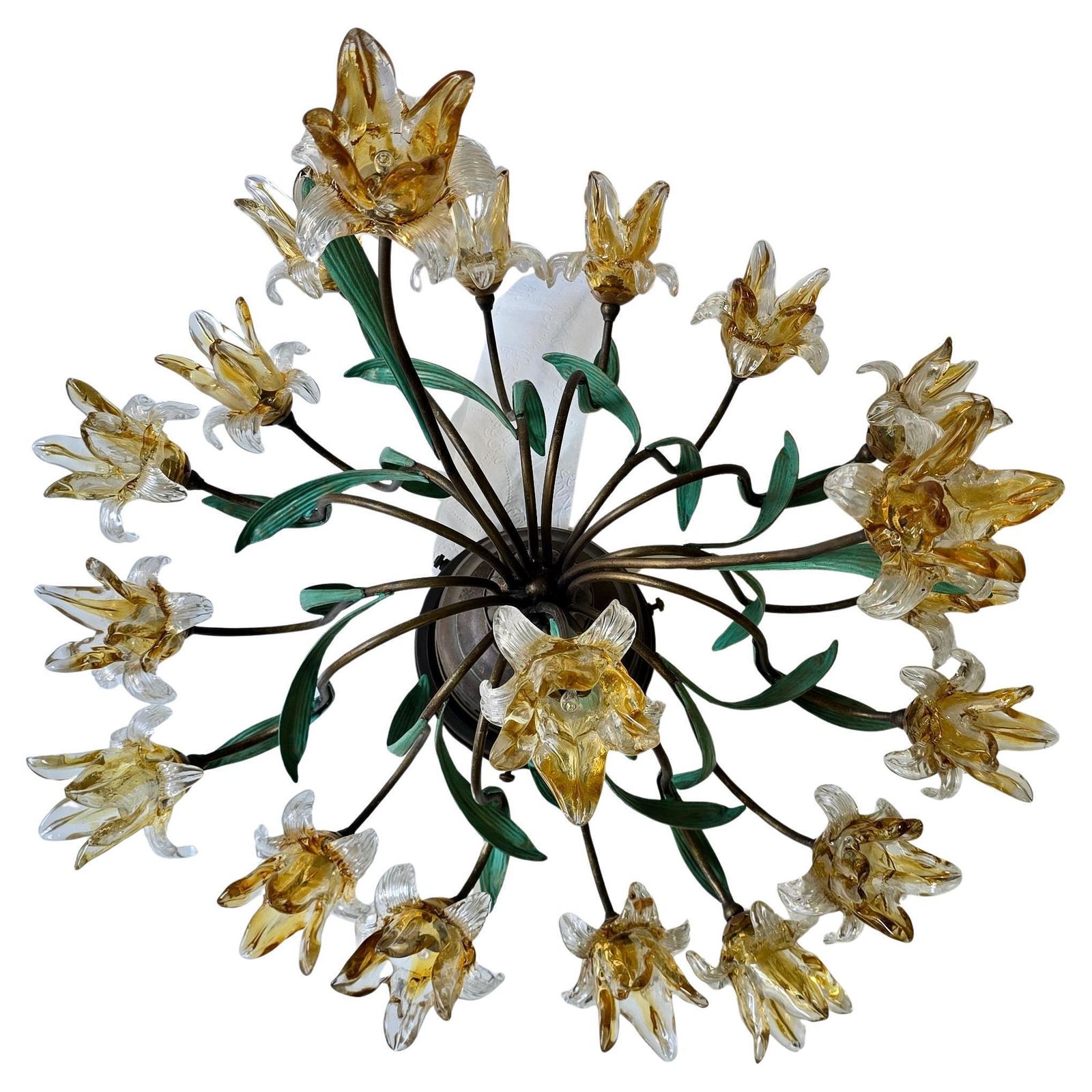 Italian Murano Style Semi Flush Mount Chandelier With 19 Glass Flowers photo vinterior