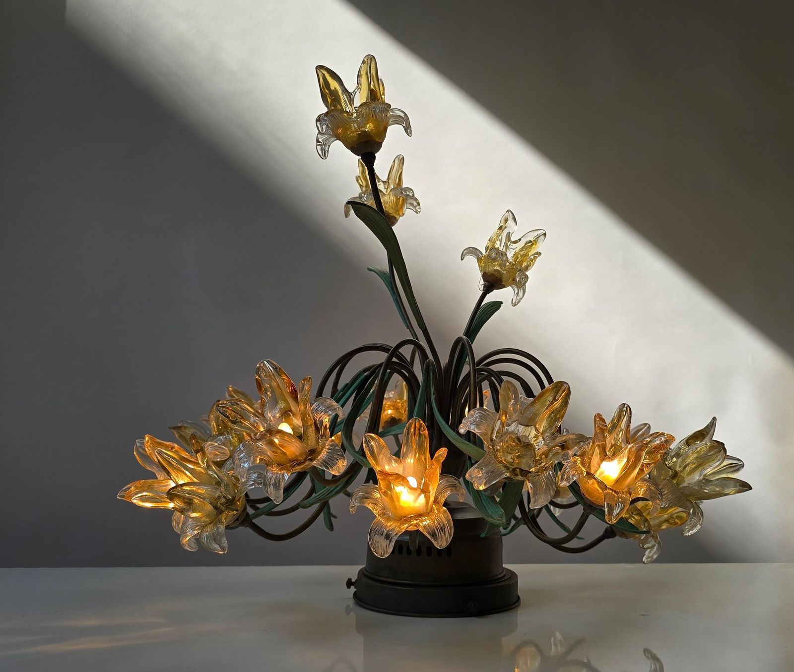 photo for sale Italian Murano Style Semi Flush Mount Chandelier With 19 Glass Flowers