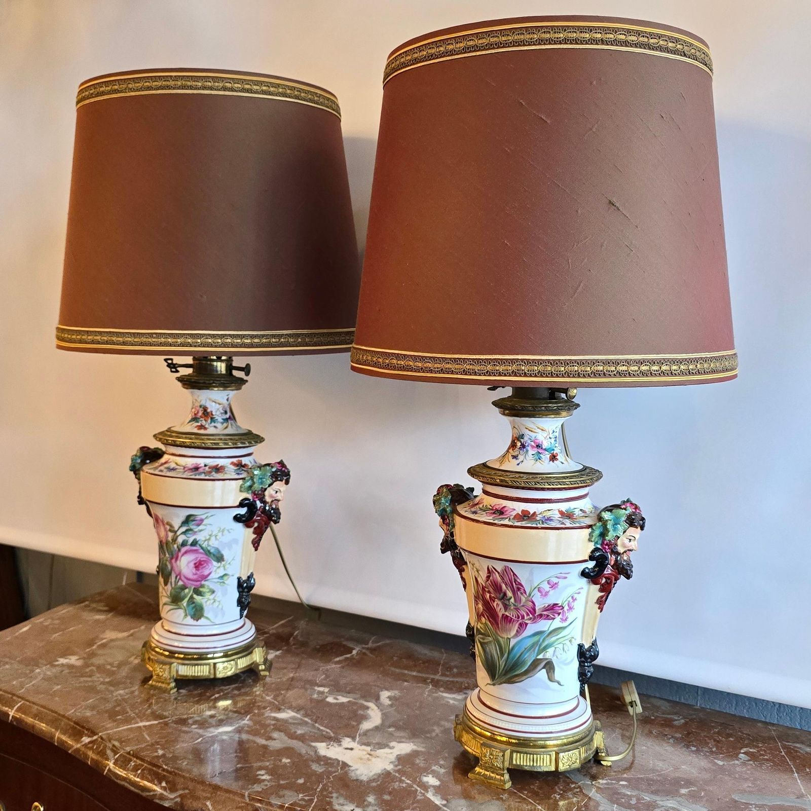 photo for sale Porcelain Oil Lamps Converted To Table Lamps With Bacchus Masks, Circa 1870