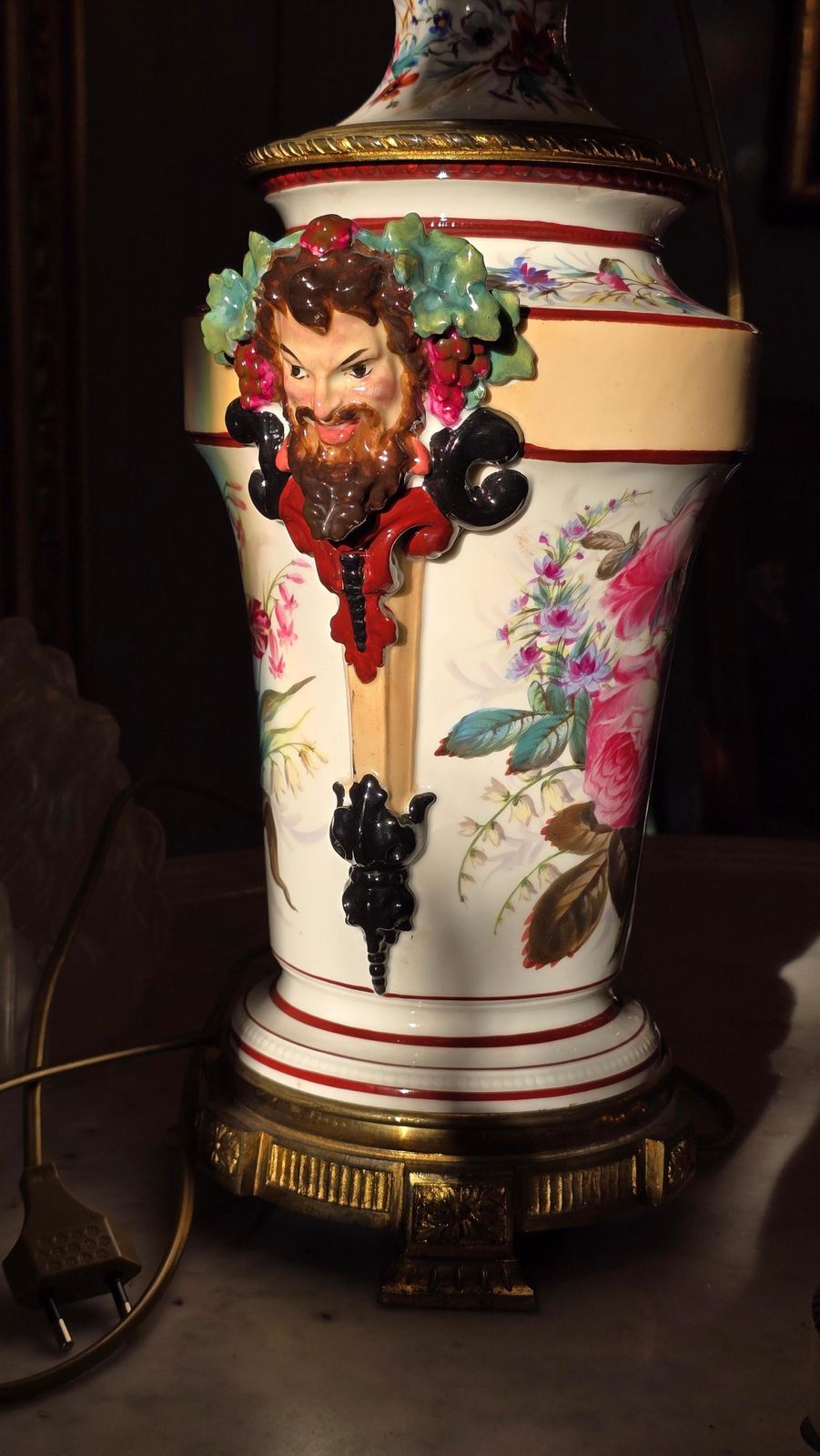 photo vintage Porcelain Oil Lamps Converted To Table Lamps With Bacchus Masks, Circa 1870