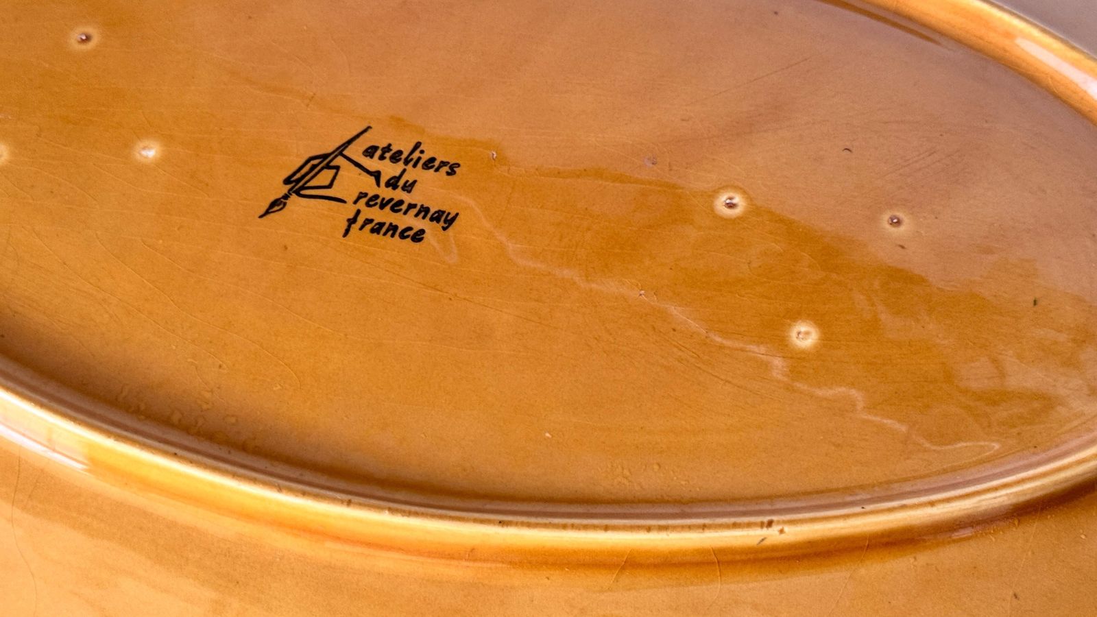 photo furniture 1970s French Ceramic Decorative Dish –Yellow And Brown Glazed Mid Century Design