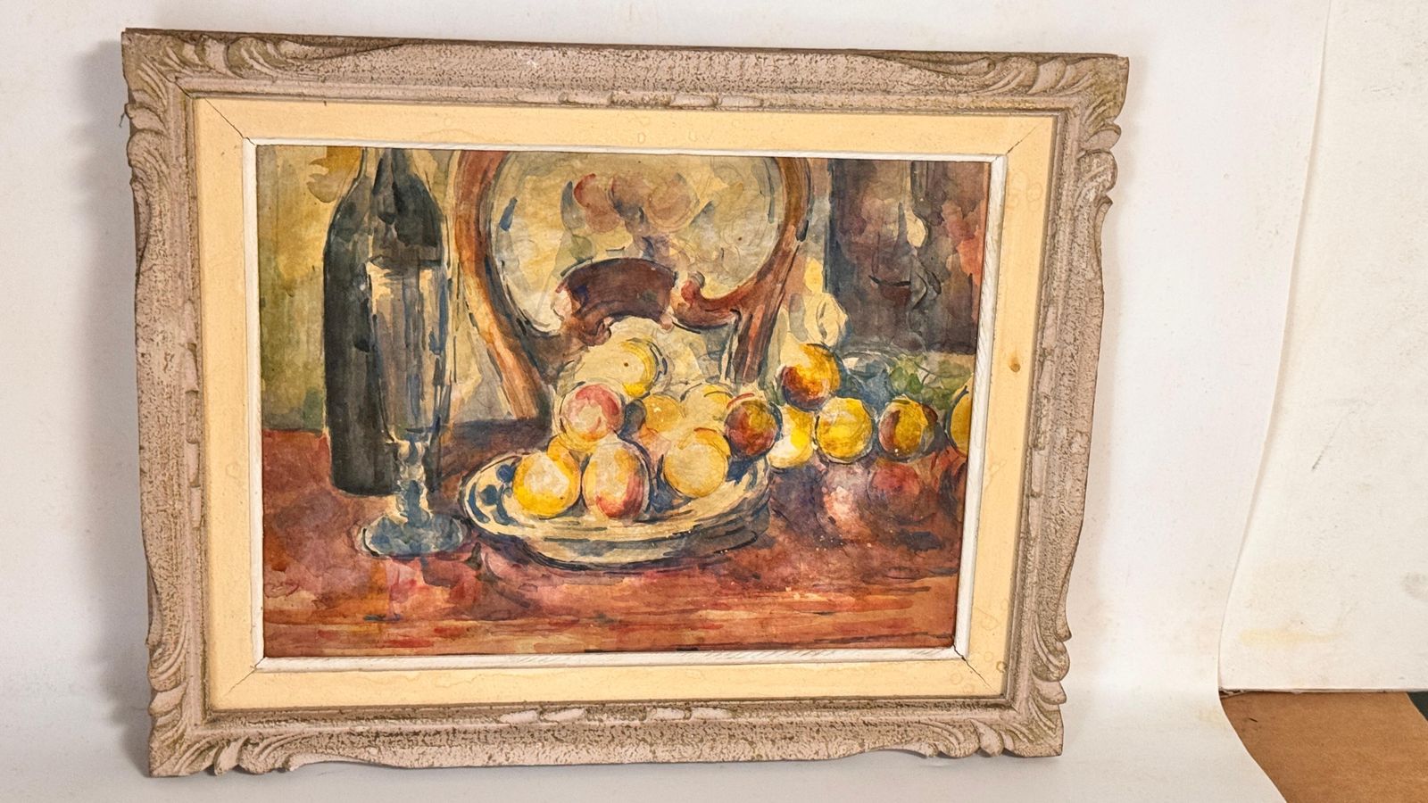 French Still Life Oil Painting – Colorful Fruits, Wine Bottle – Circa 1960 photo for sale